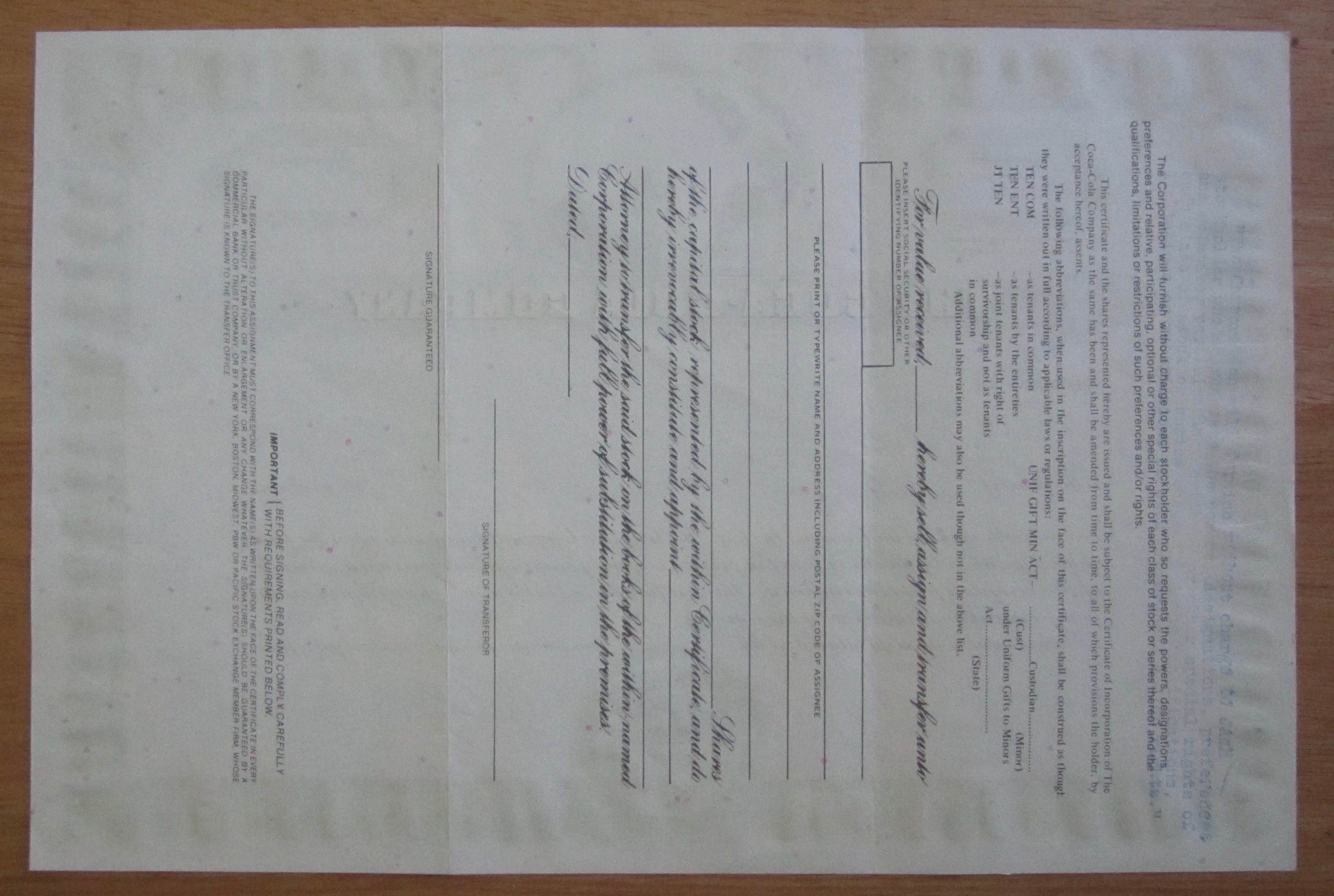 1987 The Coca Cola Company Stock Certificate
