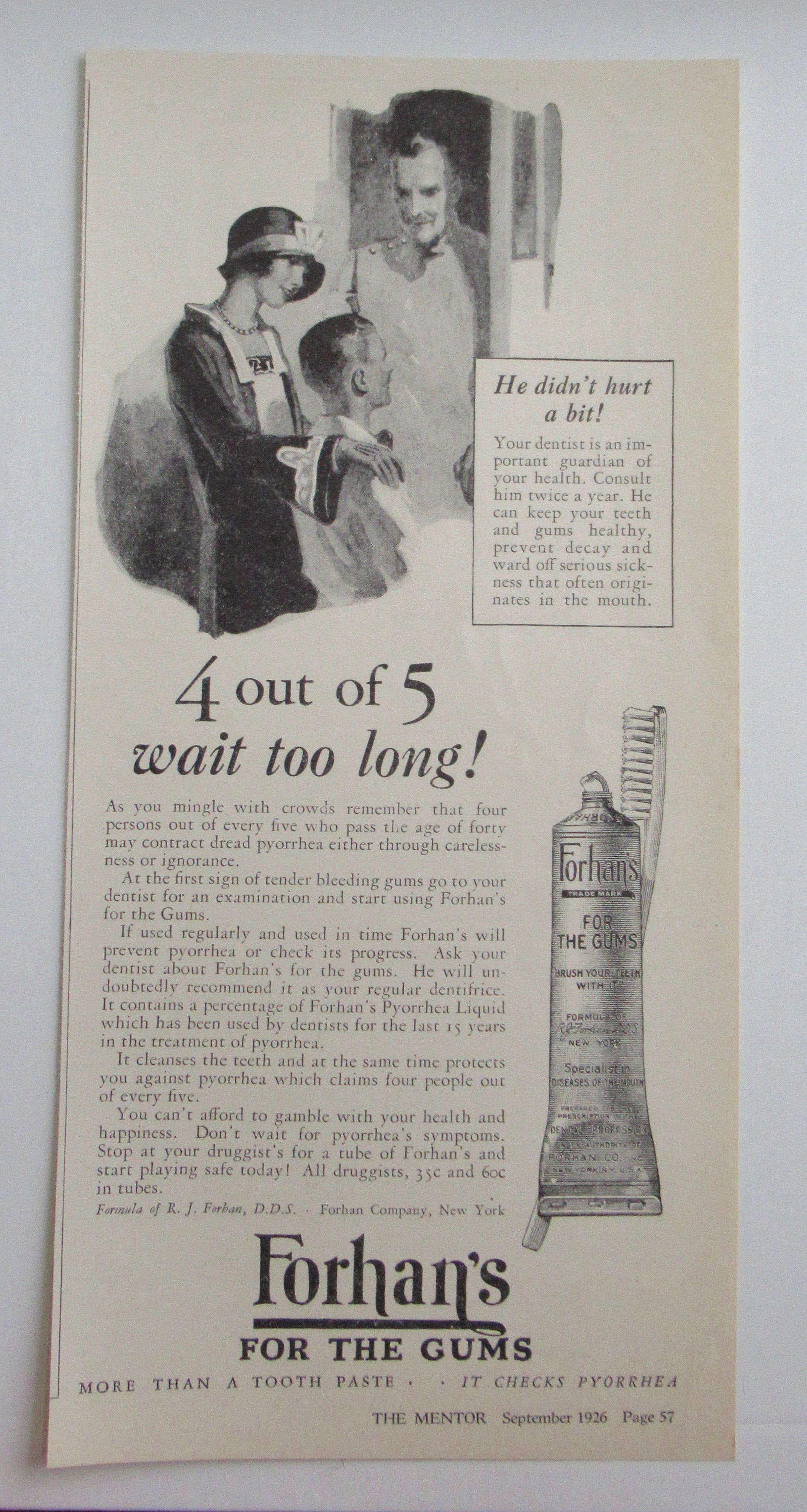 1926 Forhan's For The Gums w/ Woman & Boy With Dentist