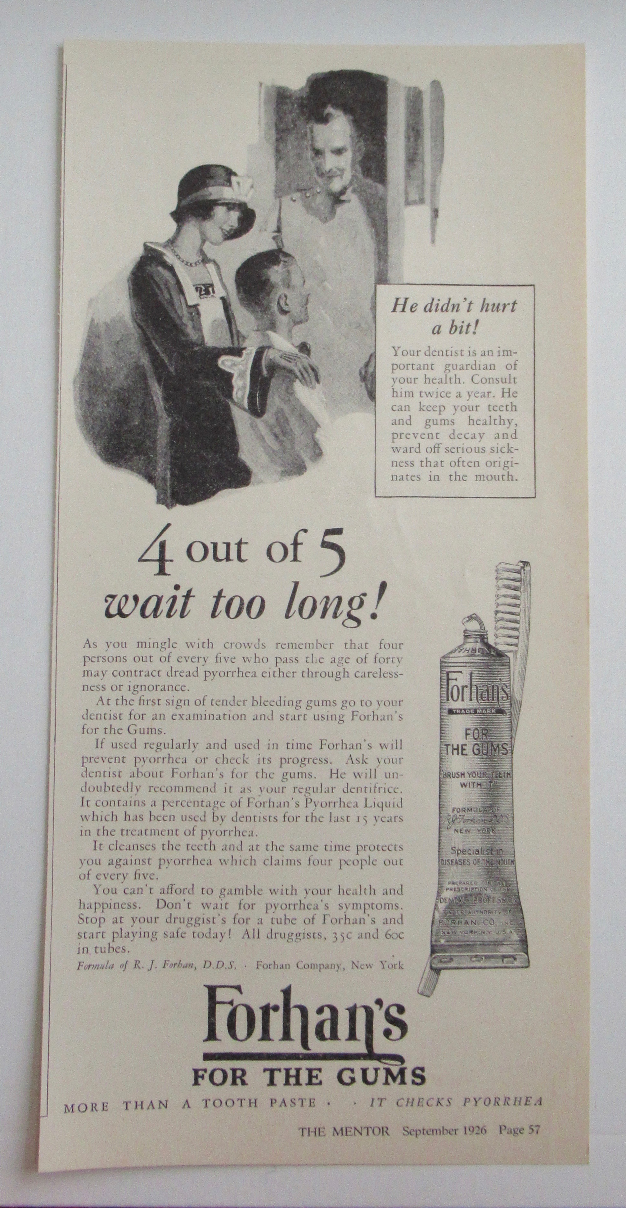 1926 Forhan's For The Gums w/ Woman & Boy With Dentist