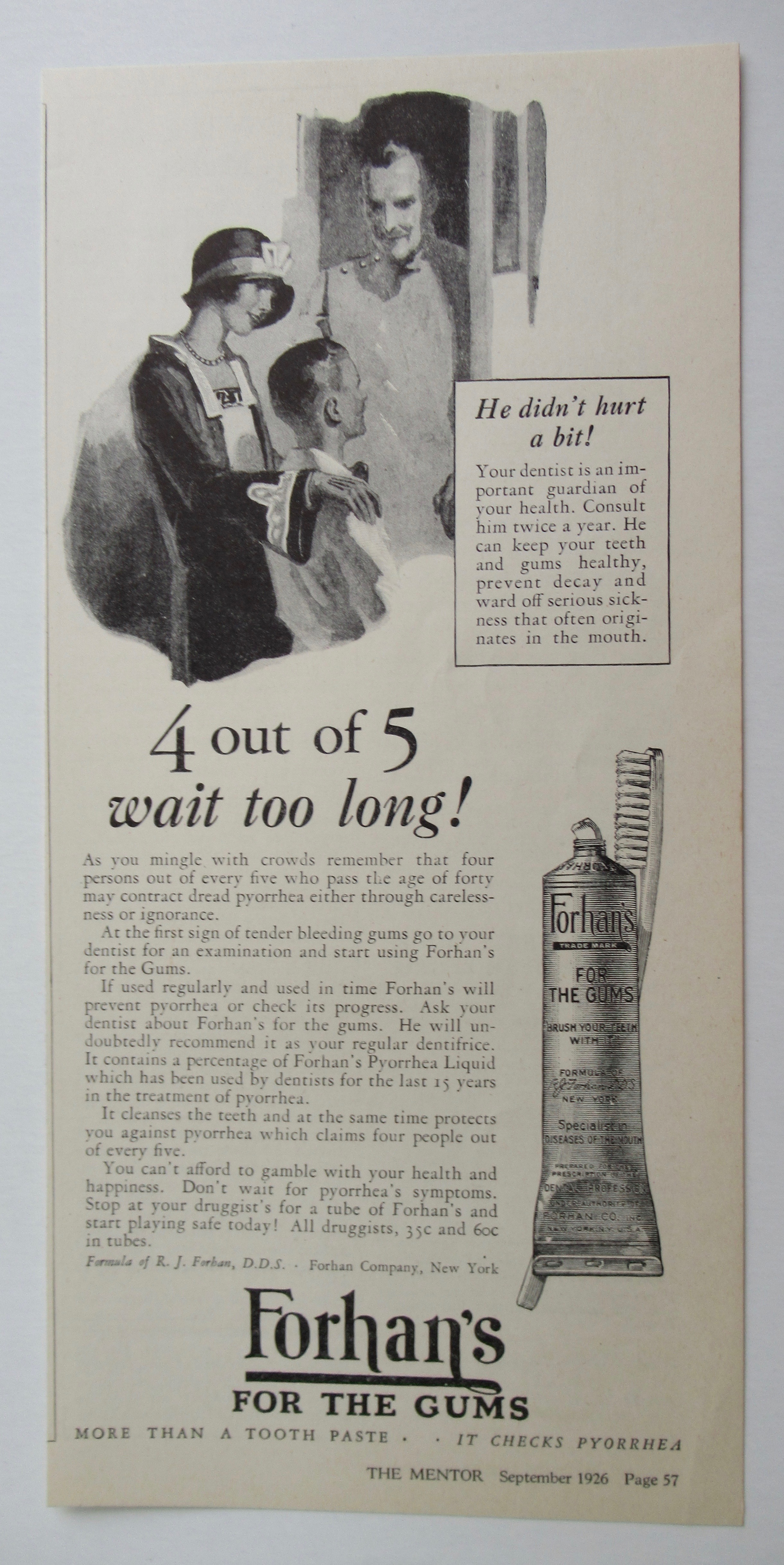 1926 Forhan's For The Gums w/ Woman & Boy With Dentist