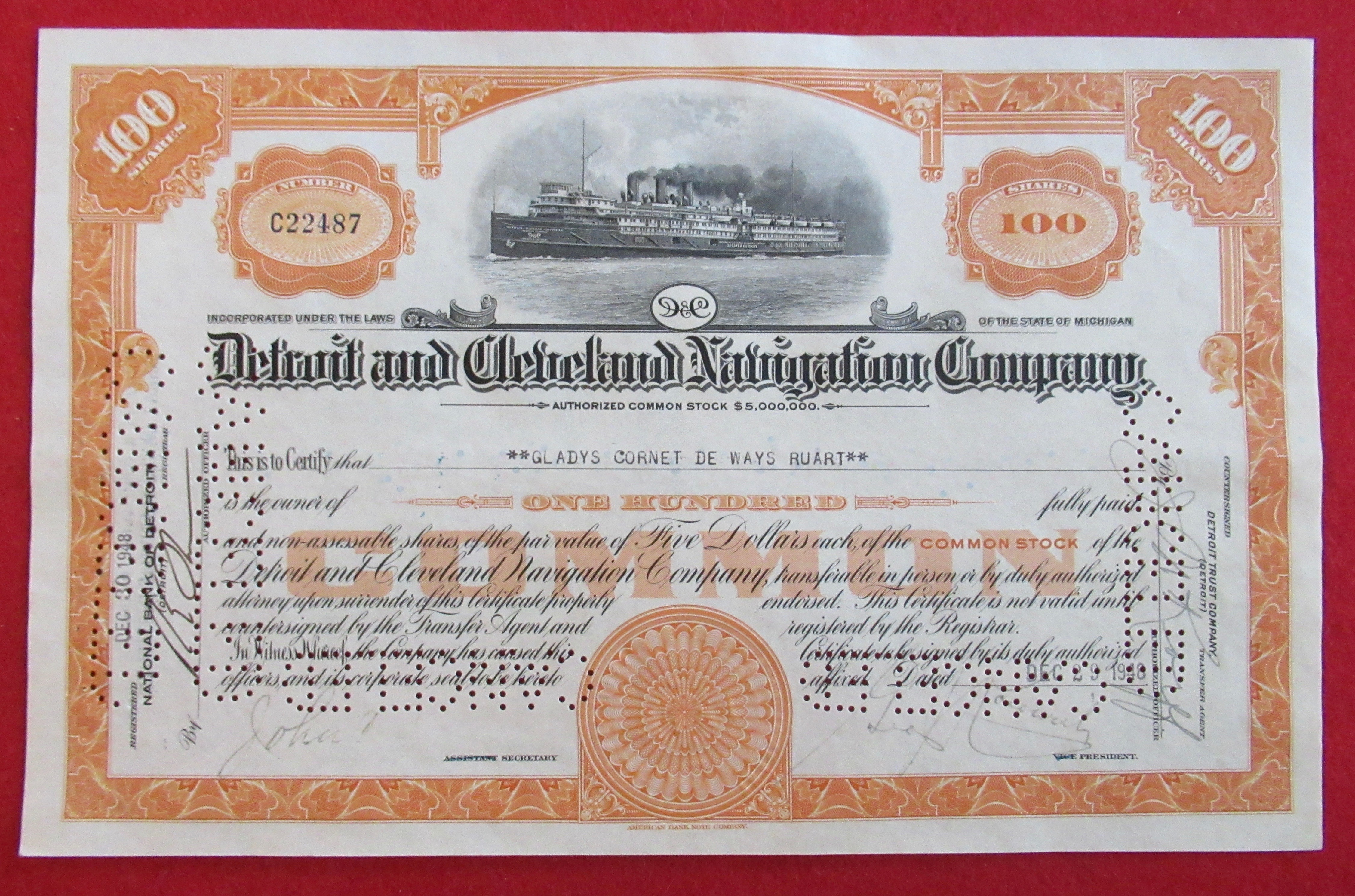 Detroit & Cleveland Navigation Stock Certificate 1940's