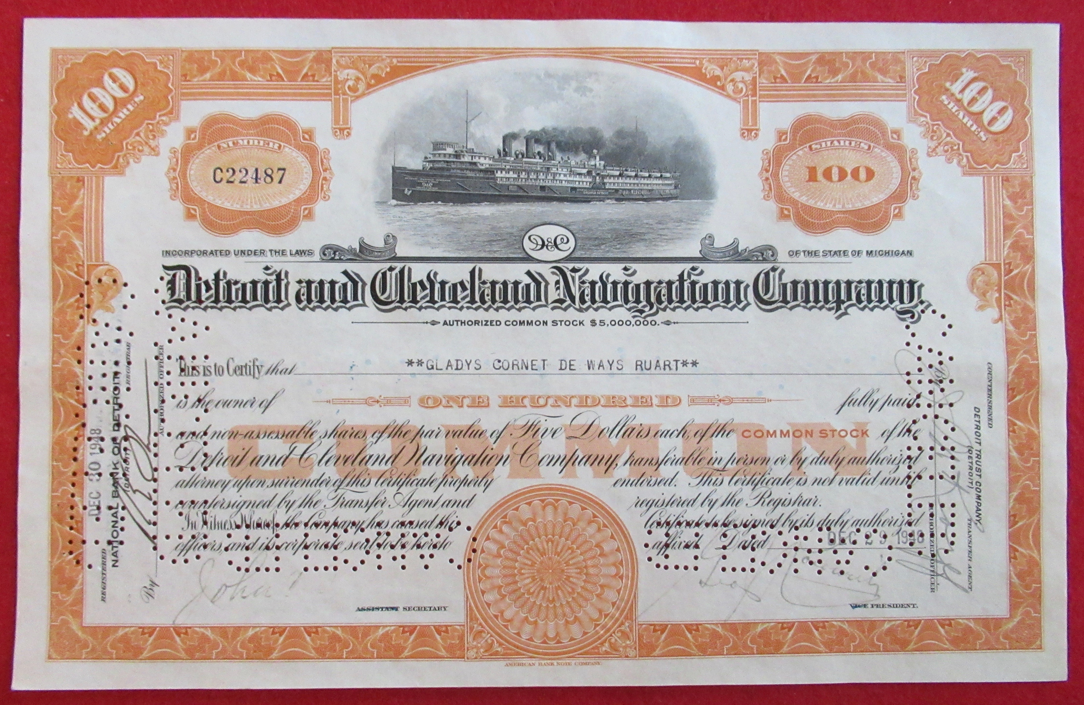 Detroit & Cleveland Navigation Stock Certificate 1940's