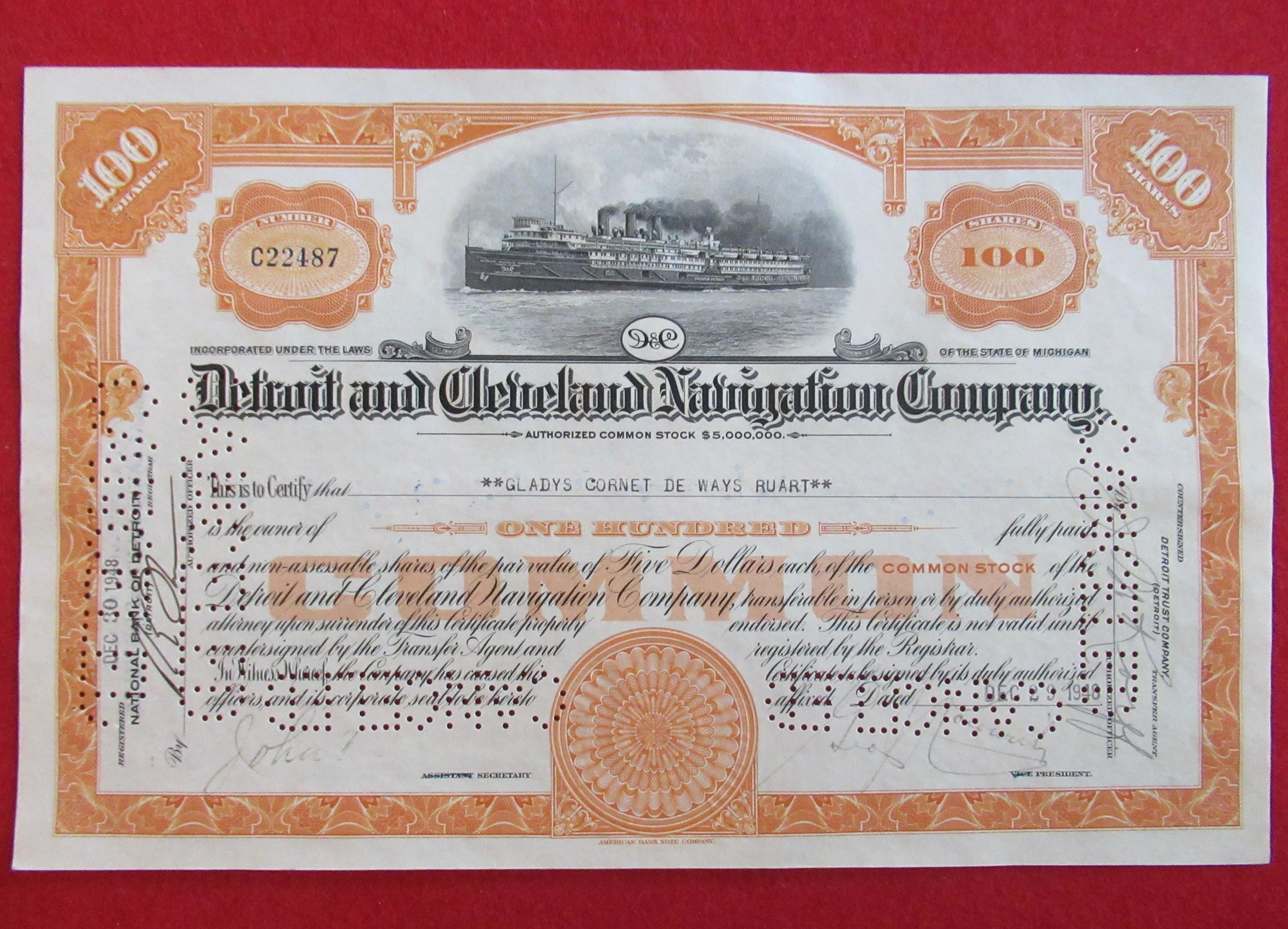 Detroit & Cleveland Navigation Stock Certificate 1940's