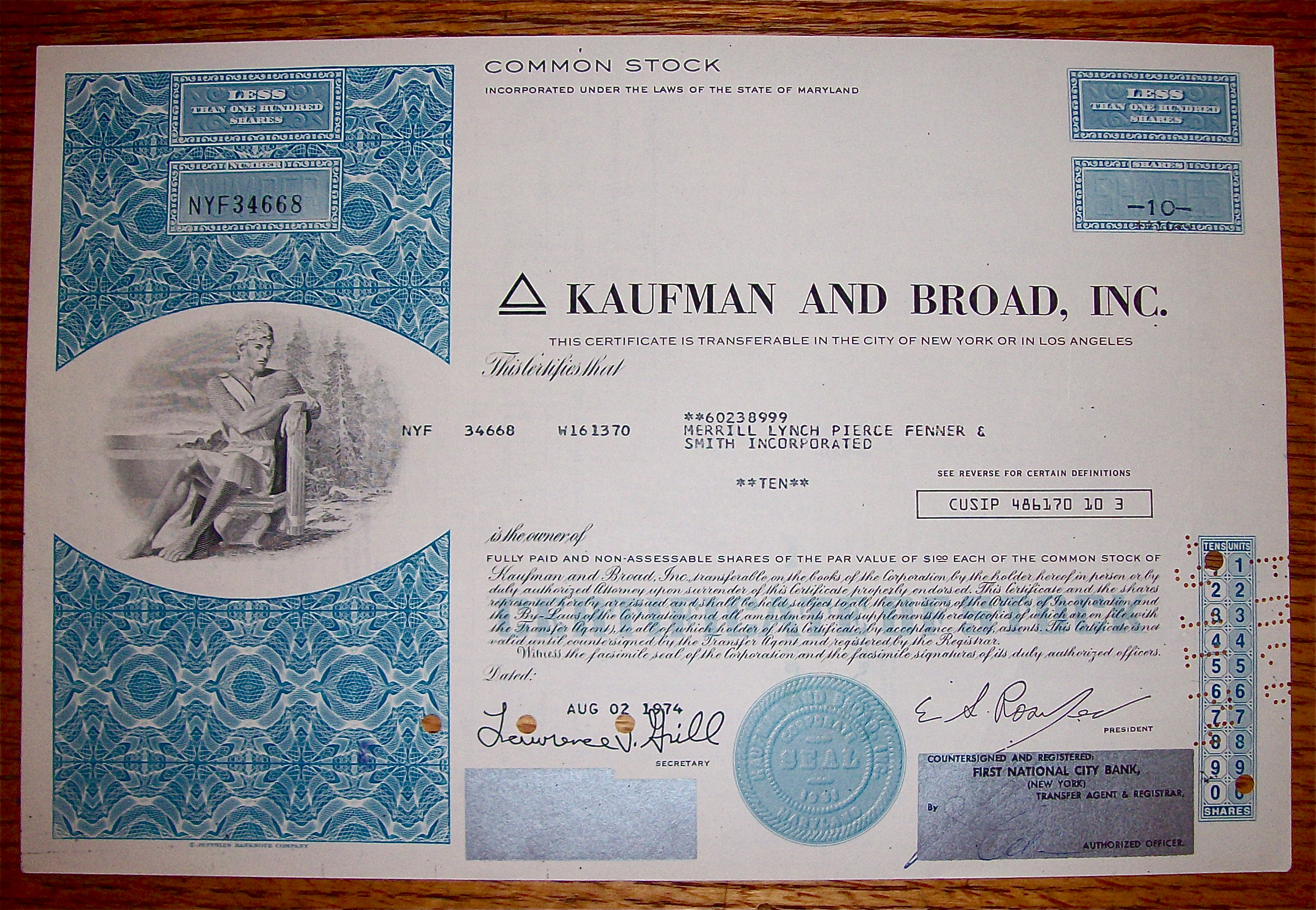 1974 Kaufman And Broad Inc Stock Certificate