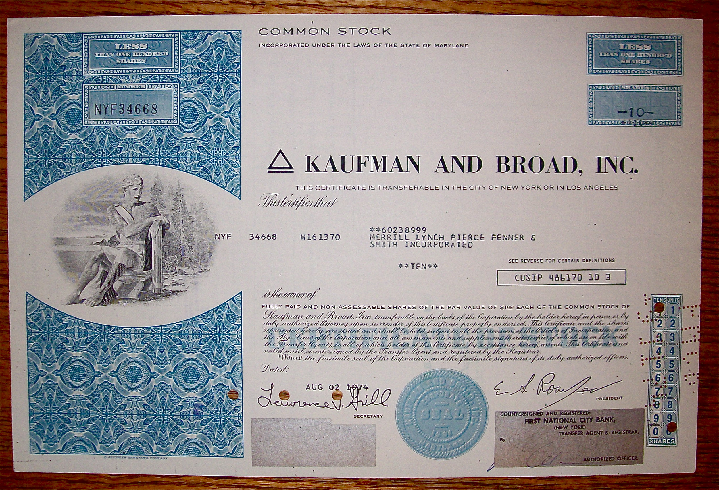 1974 Kaufman And Broad Inc Stock Certificate