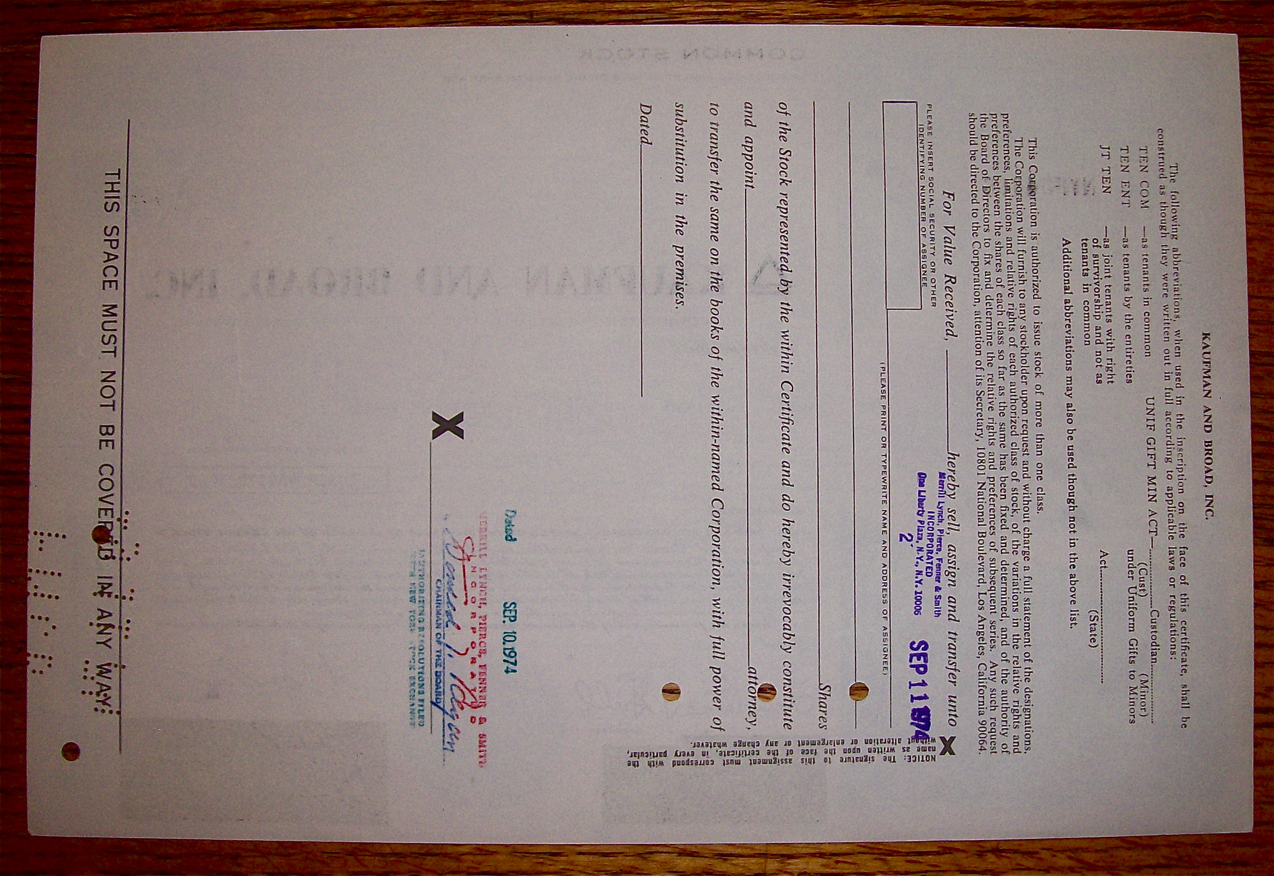 1974 Kaufman And Broad Inc Stock Certificate