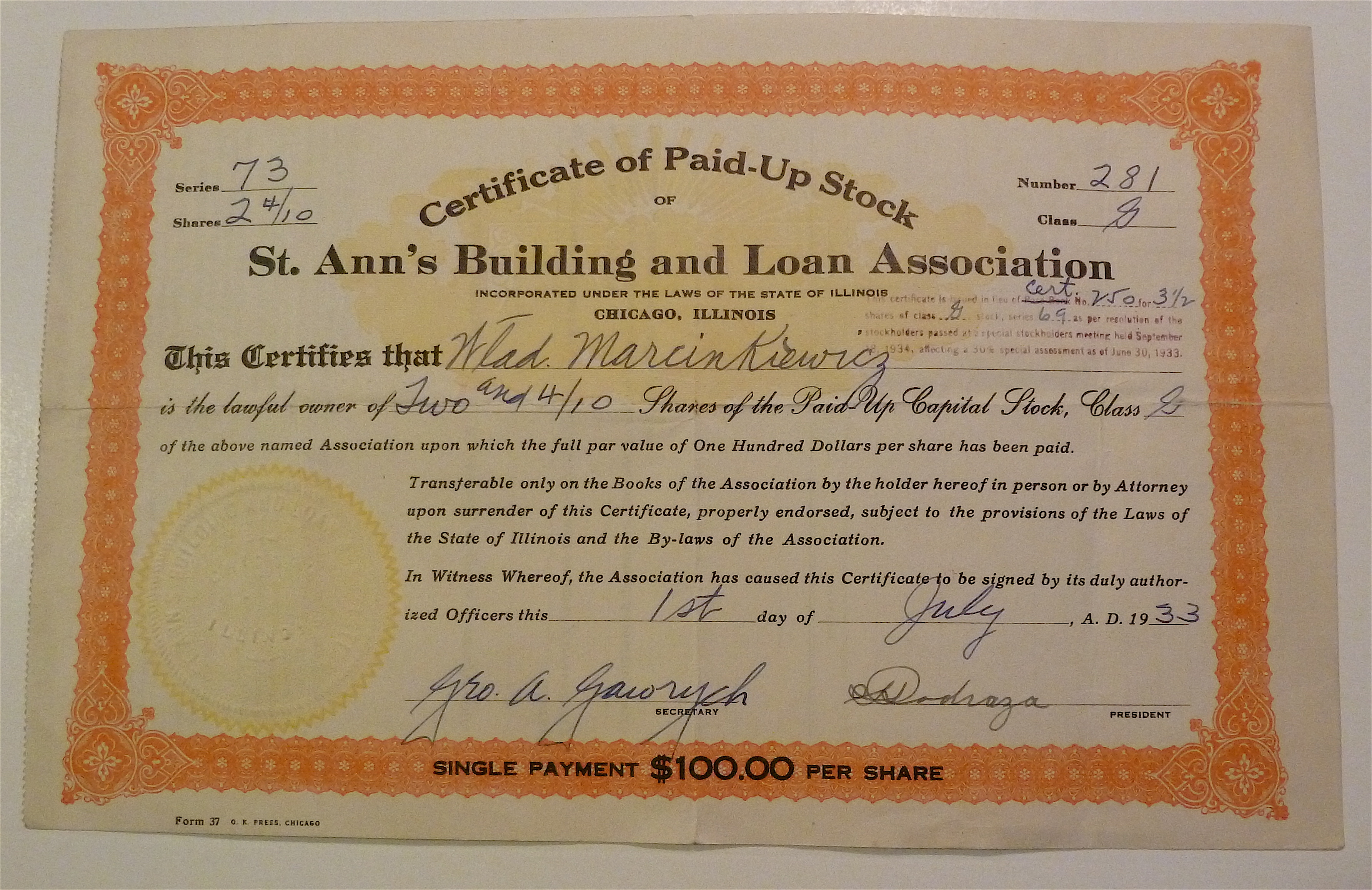 1933 St. Ann Building & Loan Assoc Stock Certificate