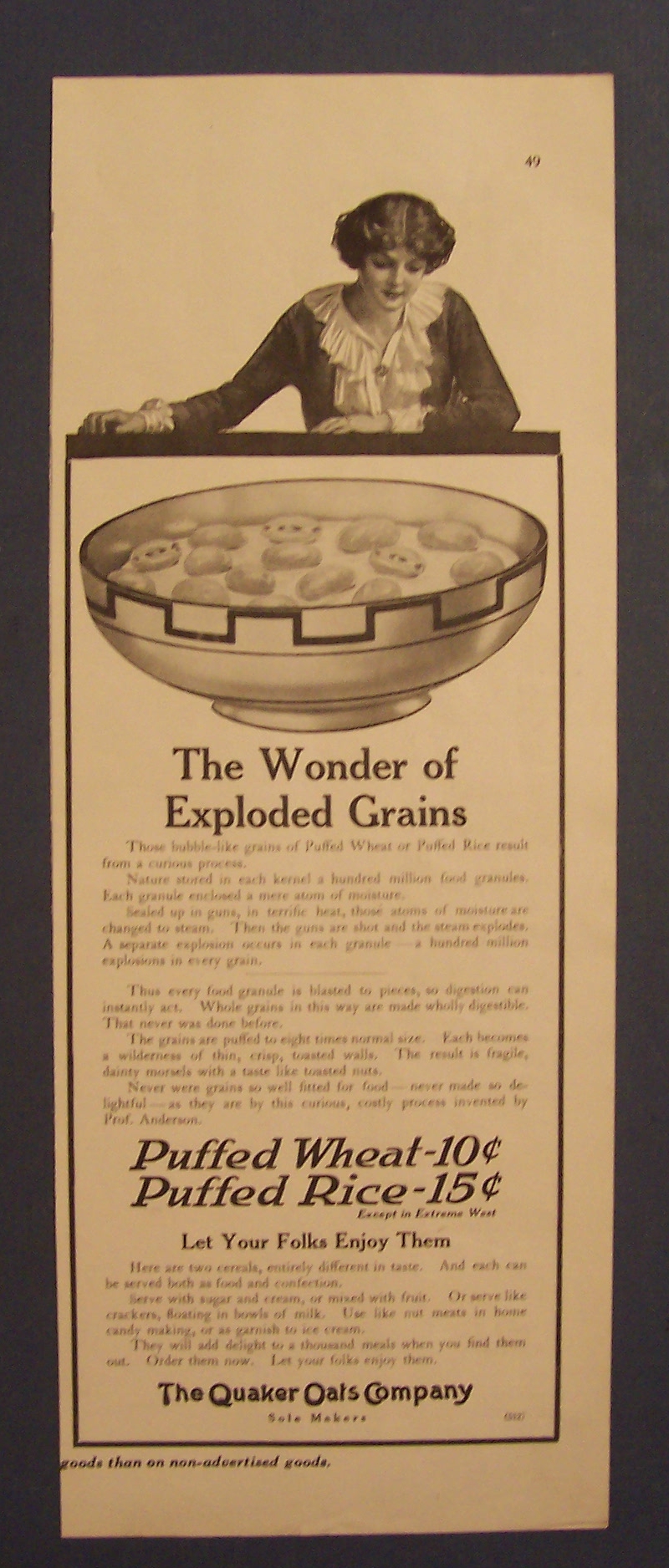 1914 Quaker Oats Cereal with Woman Looking into Bowl