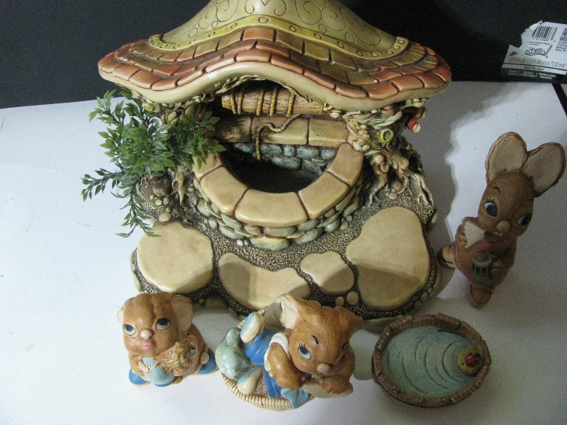 Vintage Hand-Painted Ceramic Wishing Well and Rabbit Figurine Set - 5 Pieces