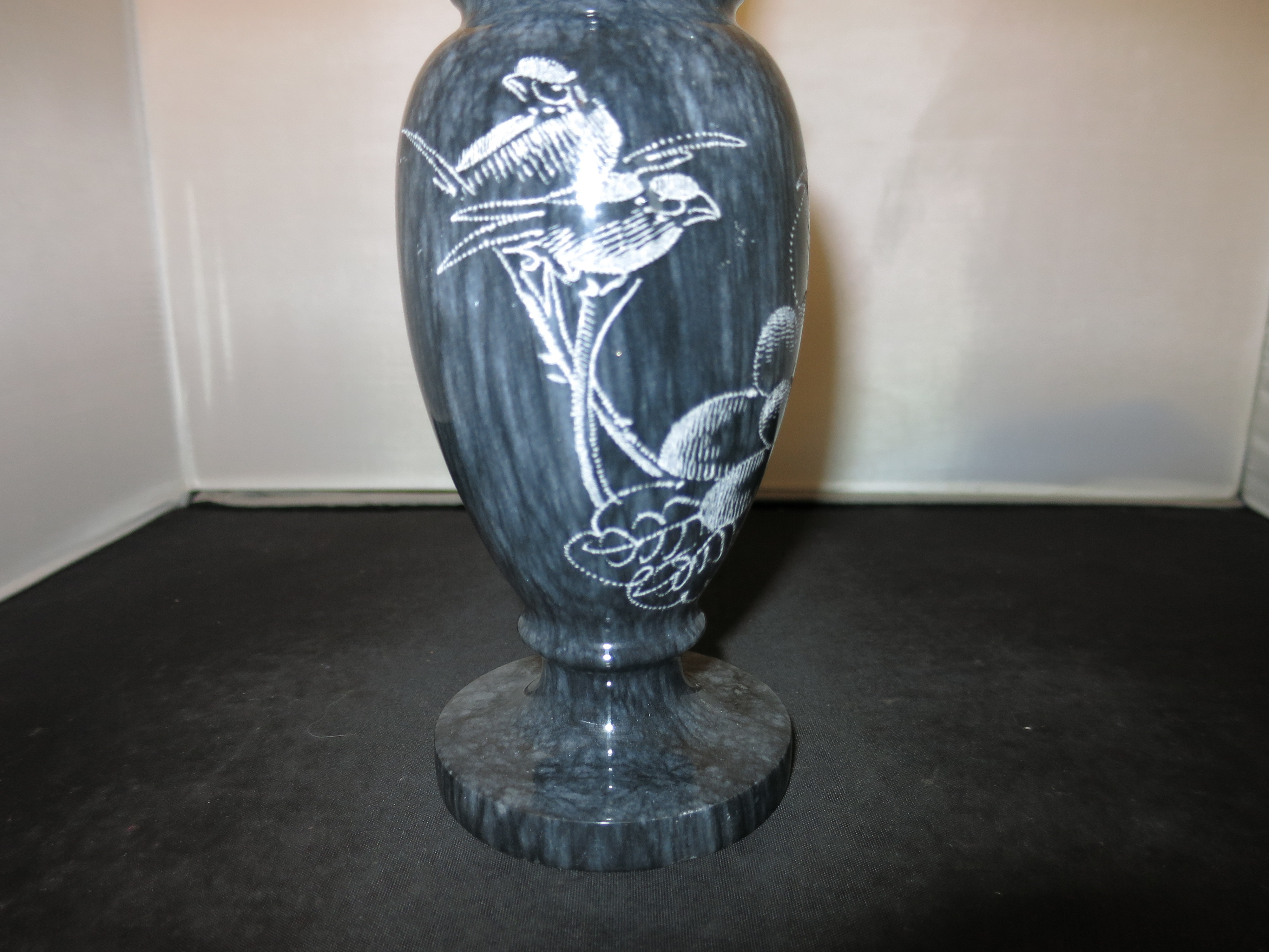 Marble Vase Art Carved Scrimshaw Floral and birds Hawaii Souvenir