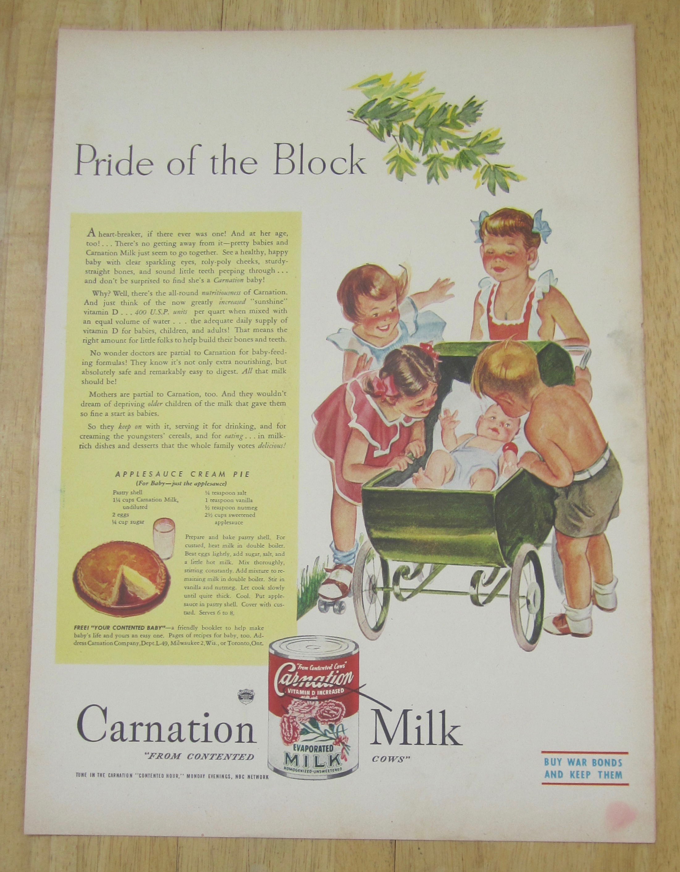 1945 Carnation Milk with Girl Walking Baby in Stroller