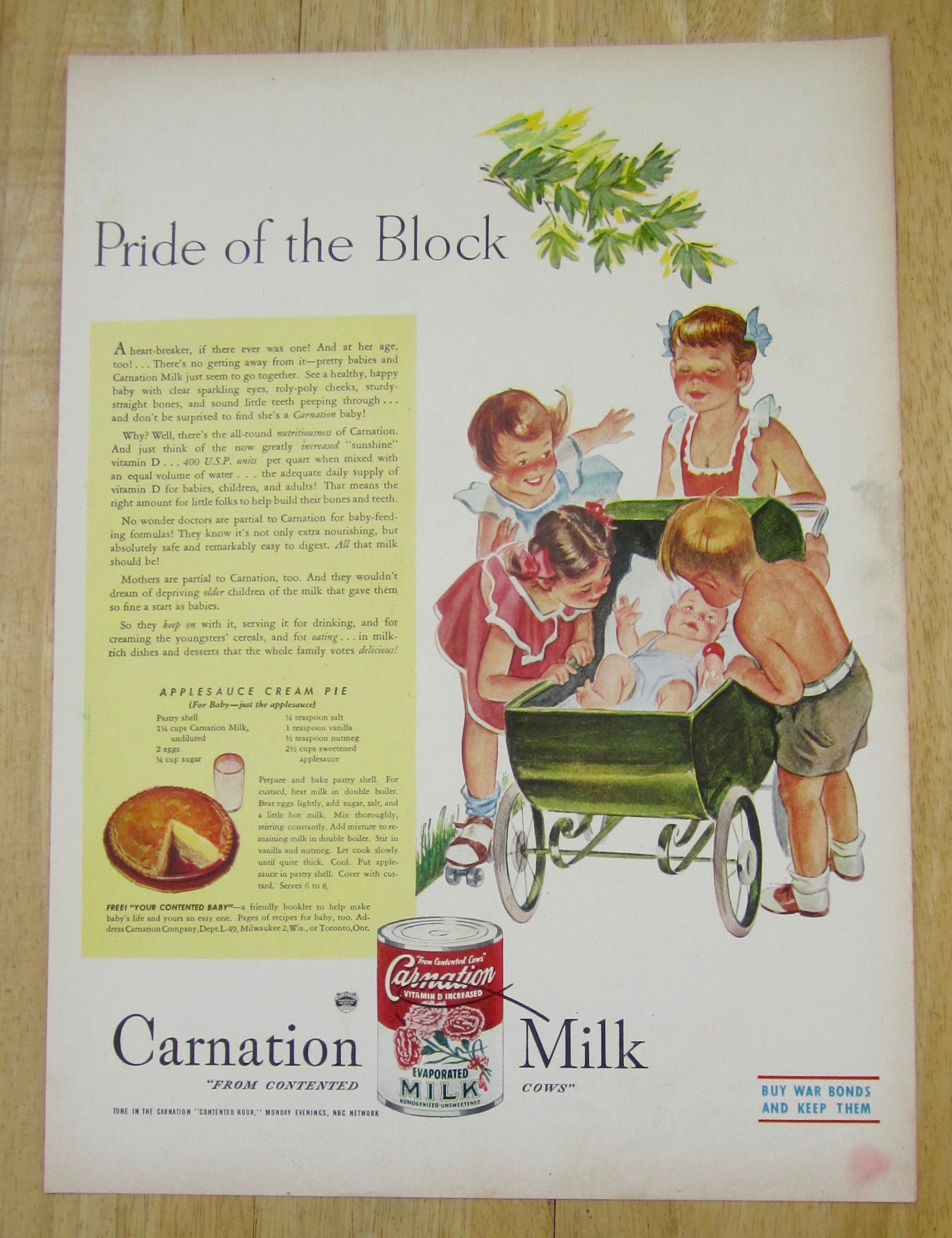 1945 Carnation Milk with Girl Walking Baby in Stroller