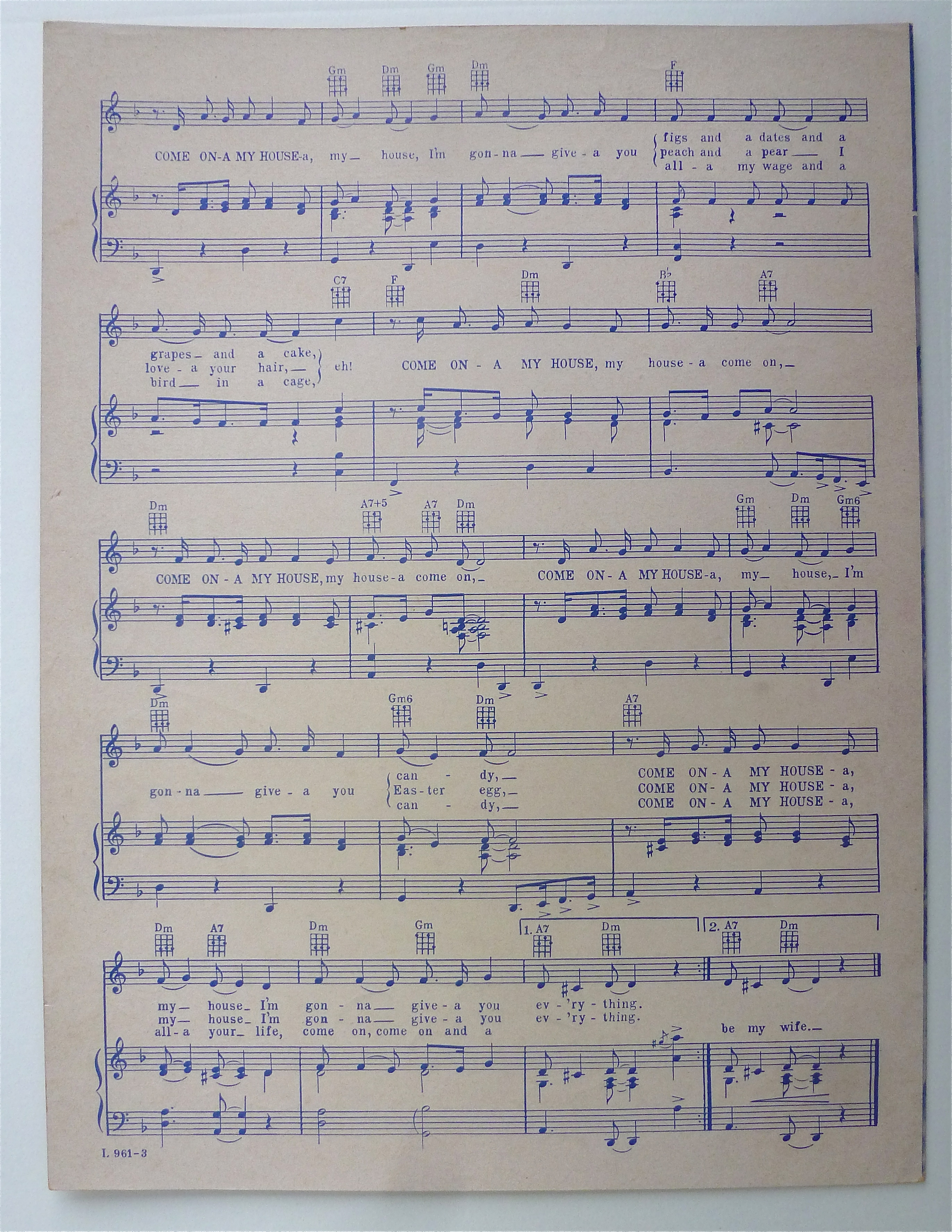 Sheet Music For 1951 Come On-A My House