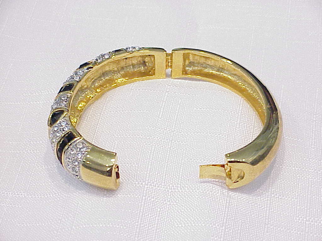 Black And Clear Rhinestone Gold Tone Bangle Braclet
