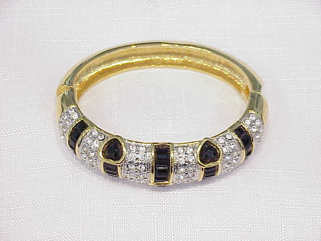 Black And Clear Rhinestone Gold Tone Bangle Braclet