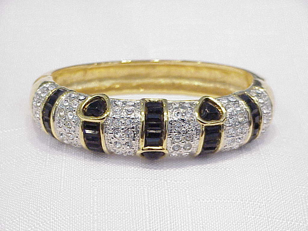 Black And Clear Rhinestone Gold Tone Bangle Braclet