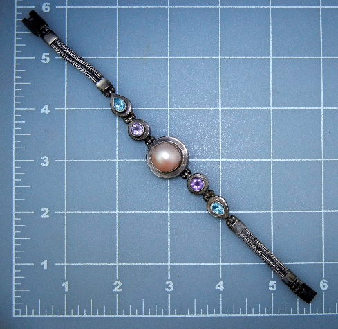 Mabe Pearl Amethyst Blue Topaze Sterling Bracelet . .