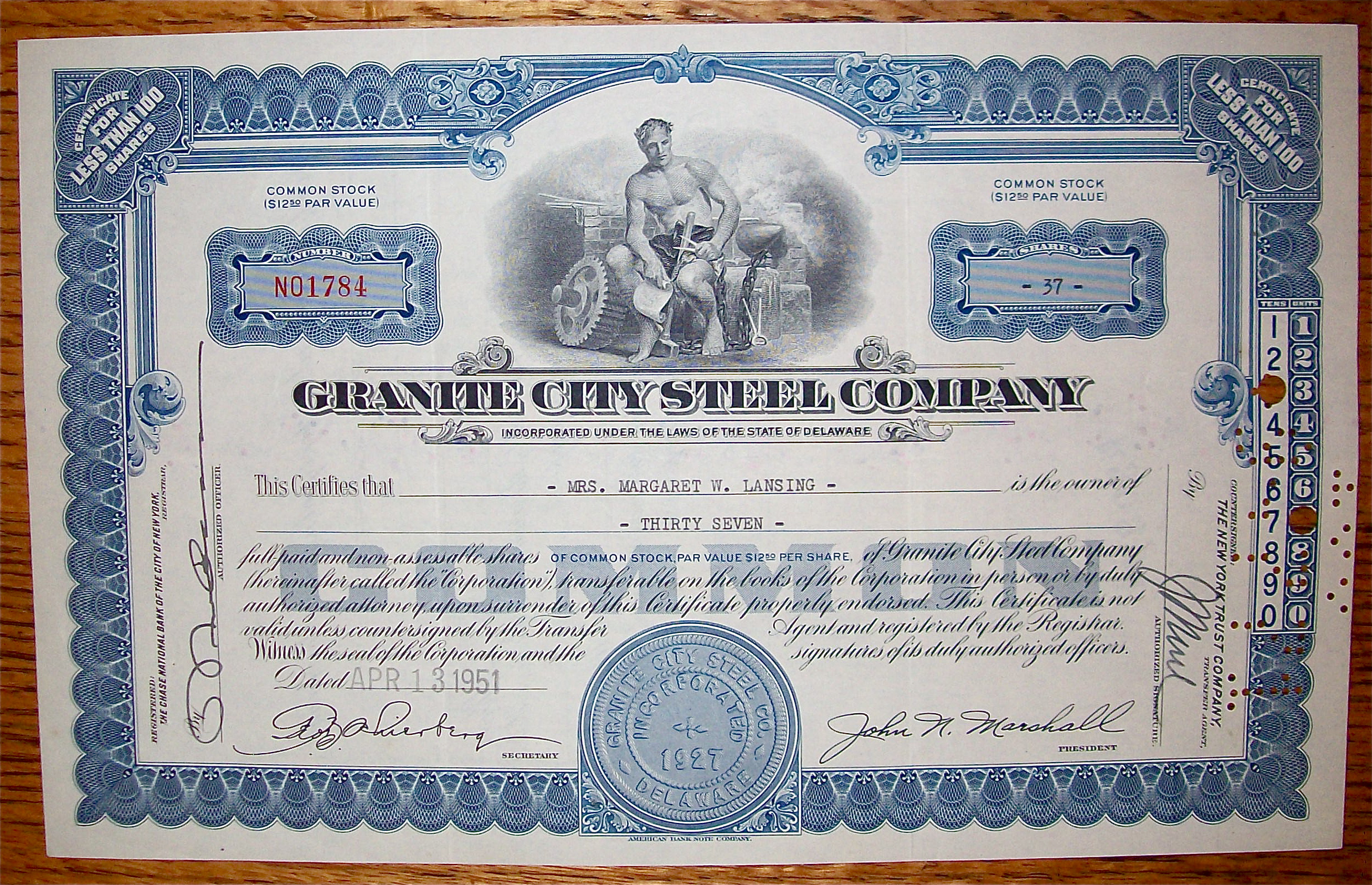 1951 Granite City Steel Company Stock Certificate