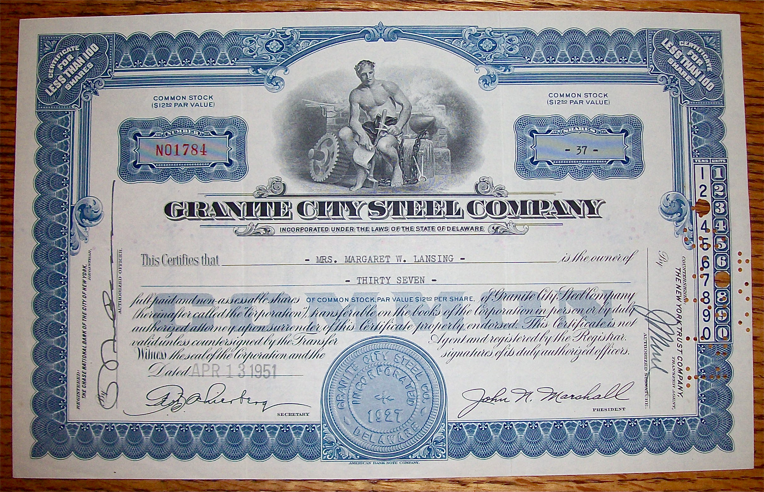 1951 Granite City Steel Company Stock Certificate
