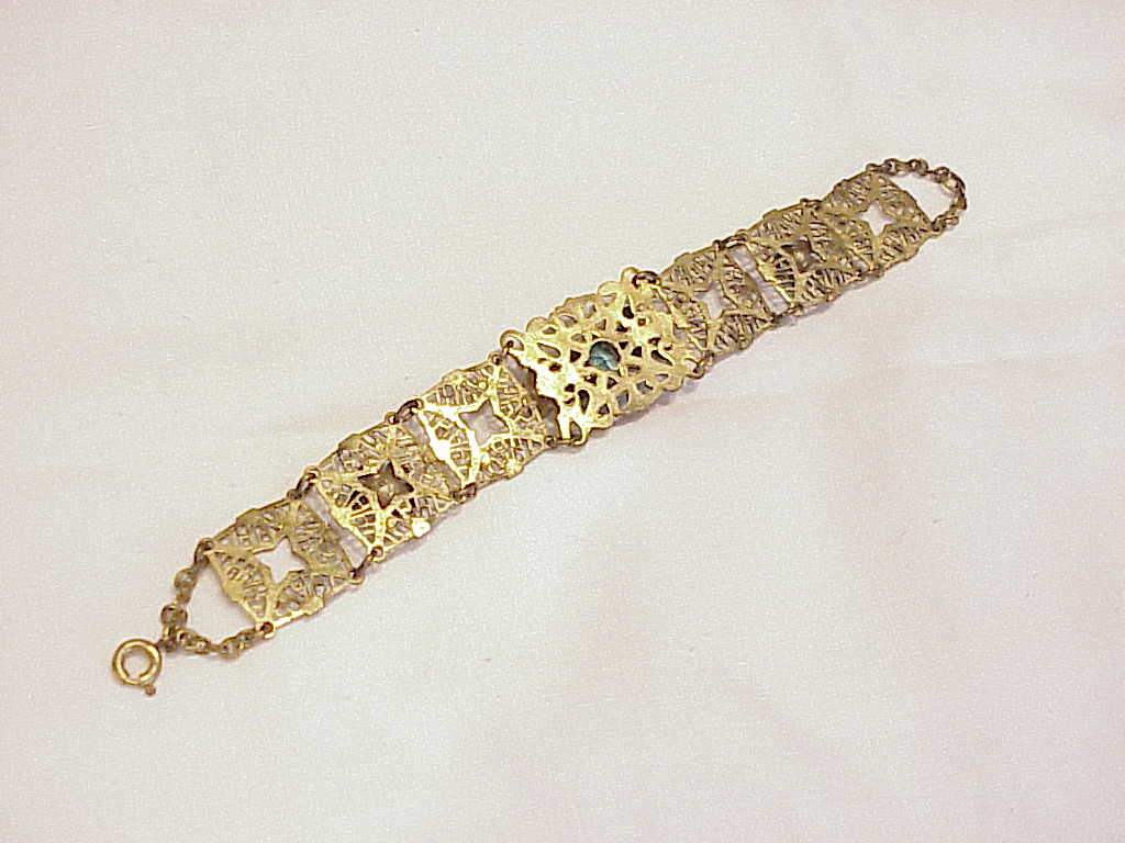 Vintage Victorian Revival Filigree Bracelet With Blue Glass Stones