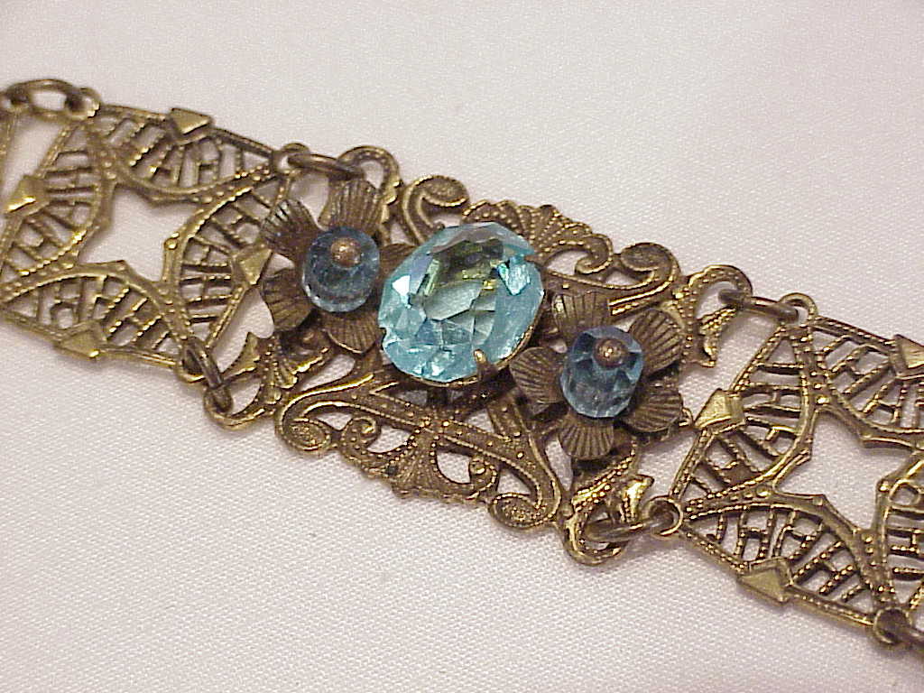Vintage Victorian Revival Filigree Bracelet With Blue Glass Stones