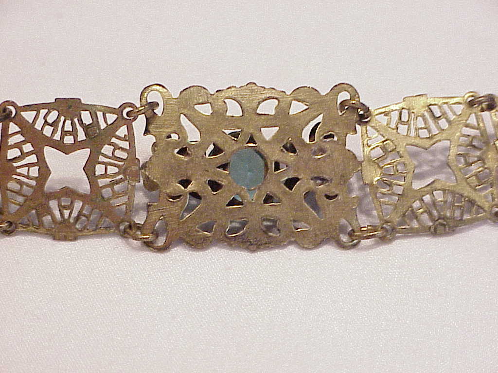 Vintage Victorian Revival Filigree Bracelet With Blue Glass Stones
