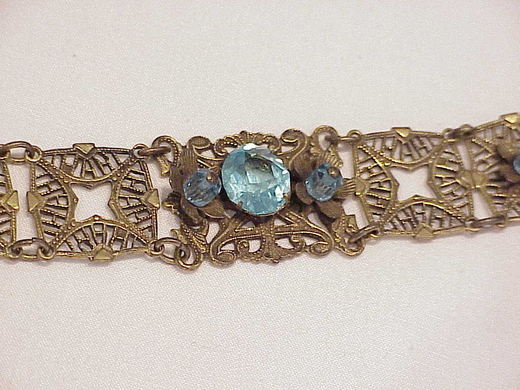 Vintage Victorian Revival Filigree Bracelet With Blue Glass Stones