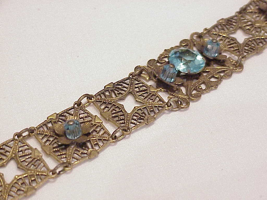 Vintage Victorian Revival Filigree Bracelet With Blue Glass Stones