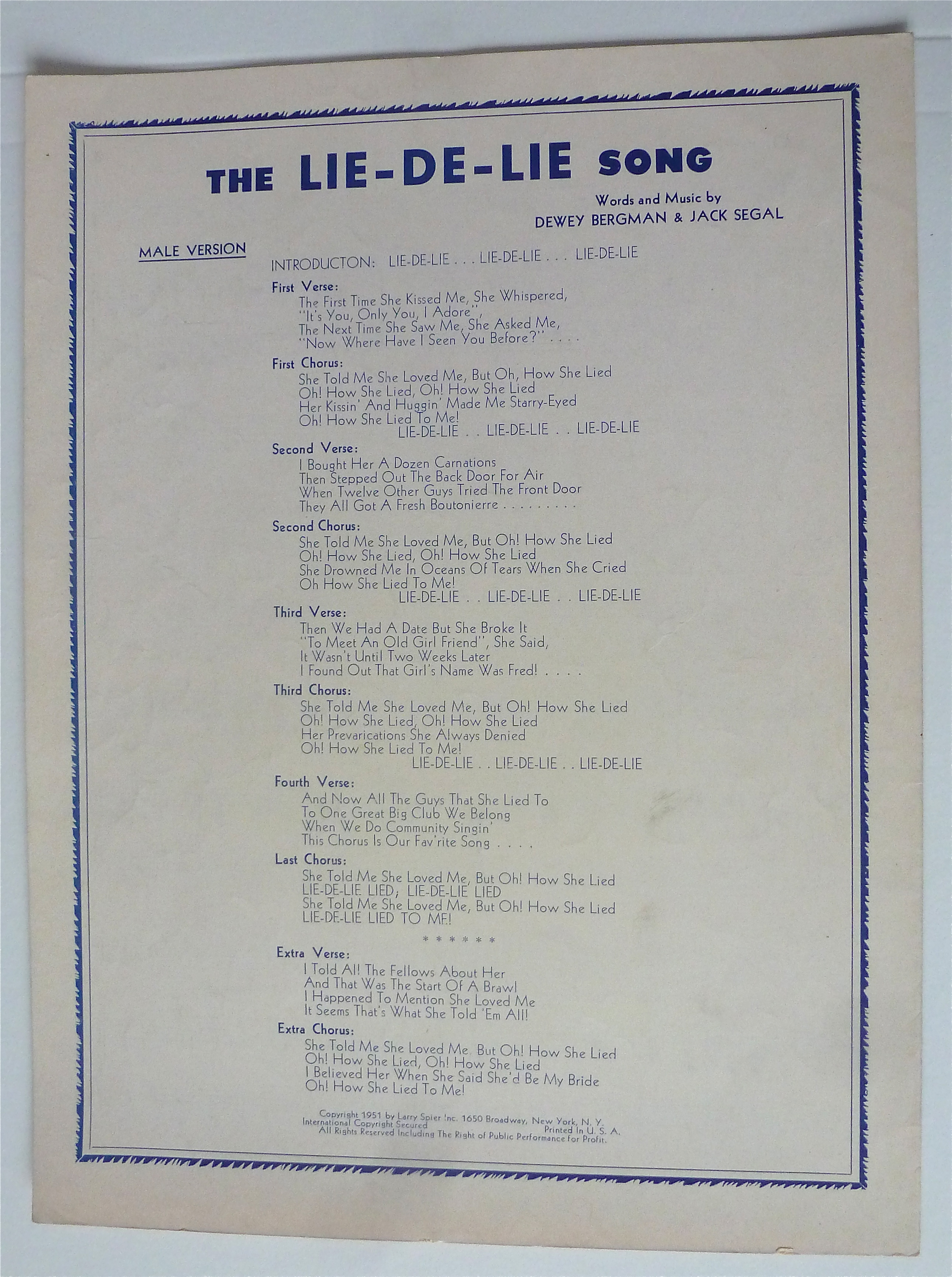 Sheet Music For 1951 The Lie-De-Lie Song