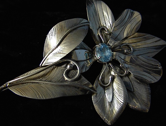 Sterling Silver  Blue Topaz Flower Pin Signed JD