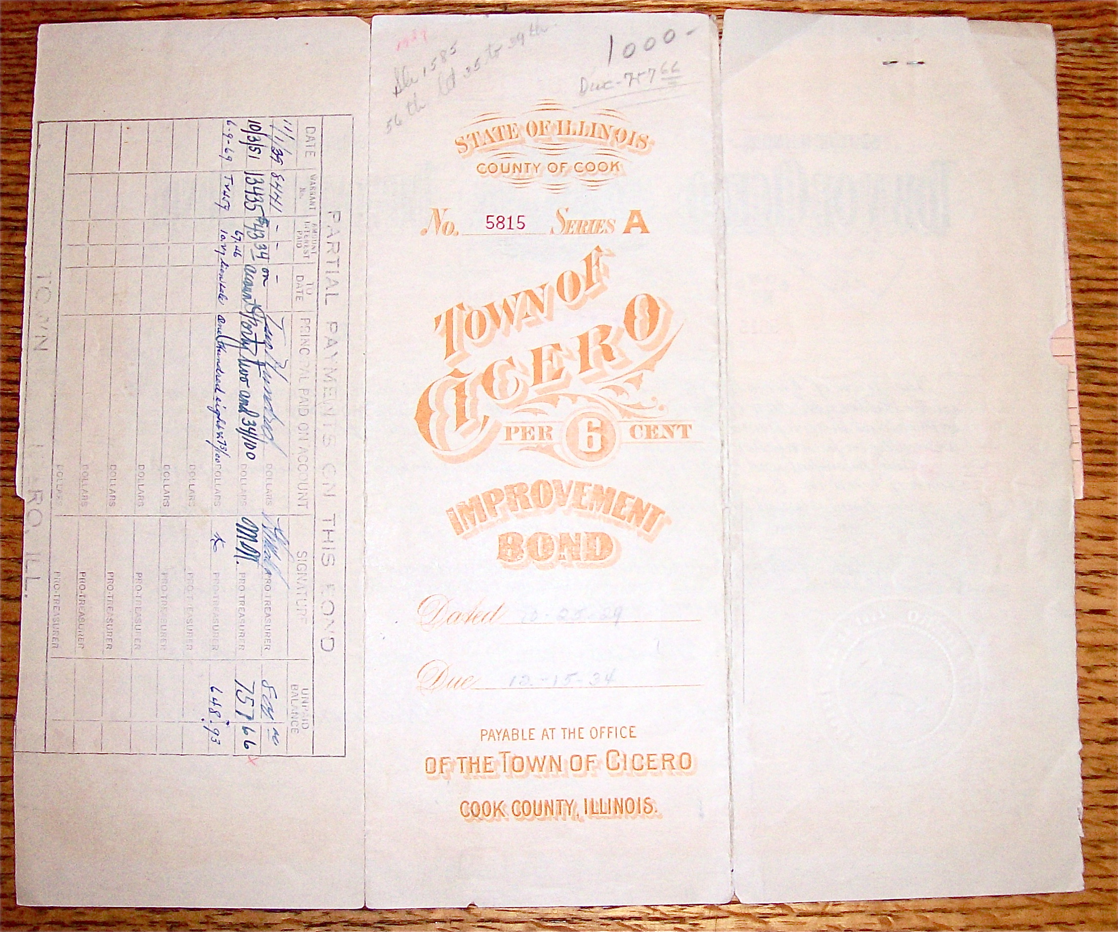 1929 Town Of Cicero $1000 Improvement Bond