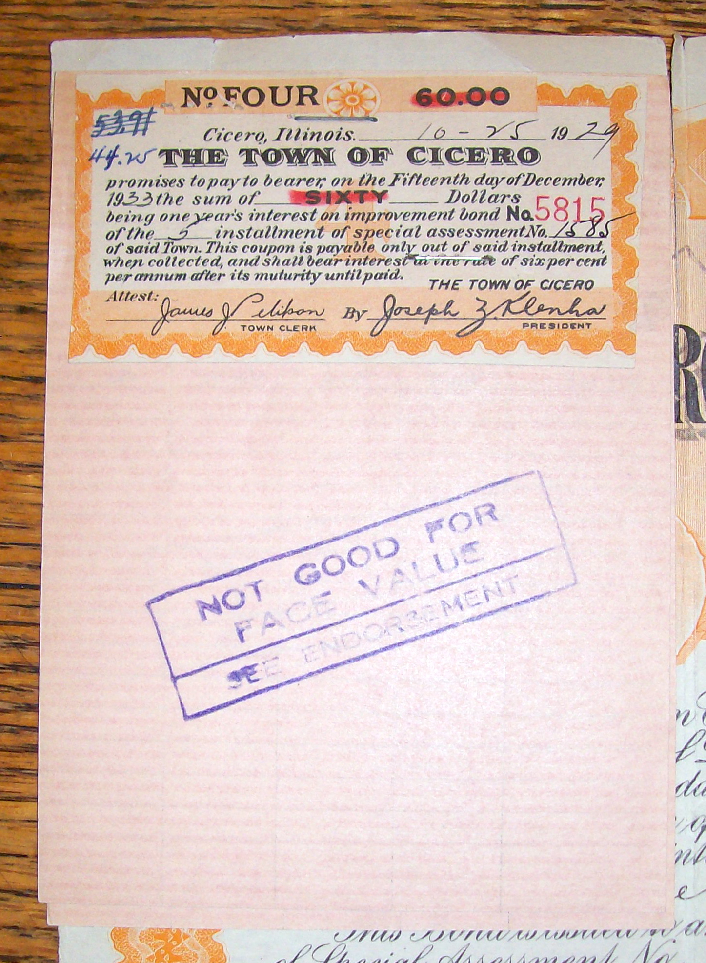 1929 Town Of Cicero $1000 Improvement Bond