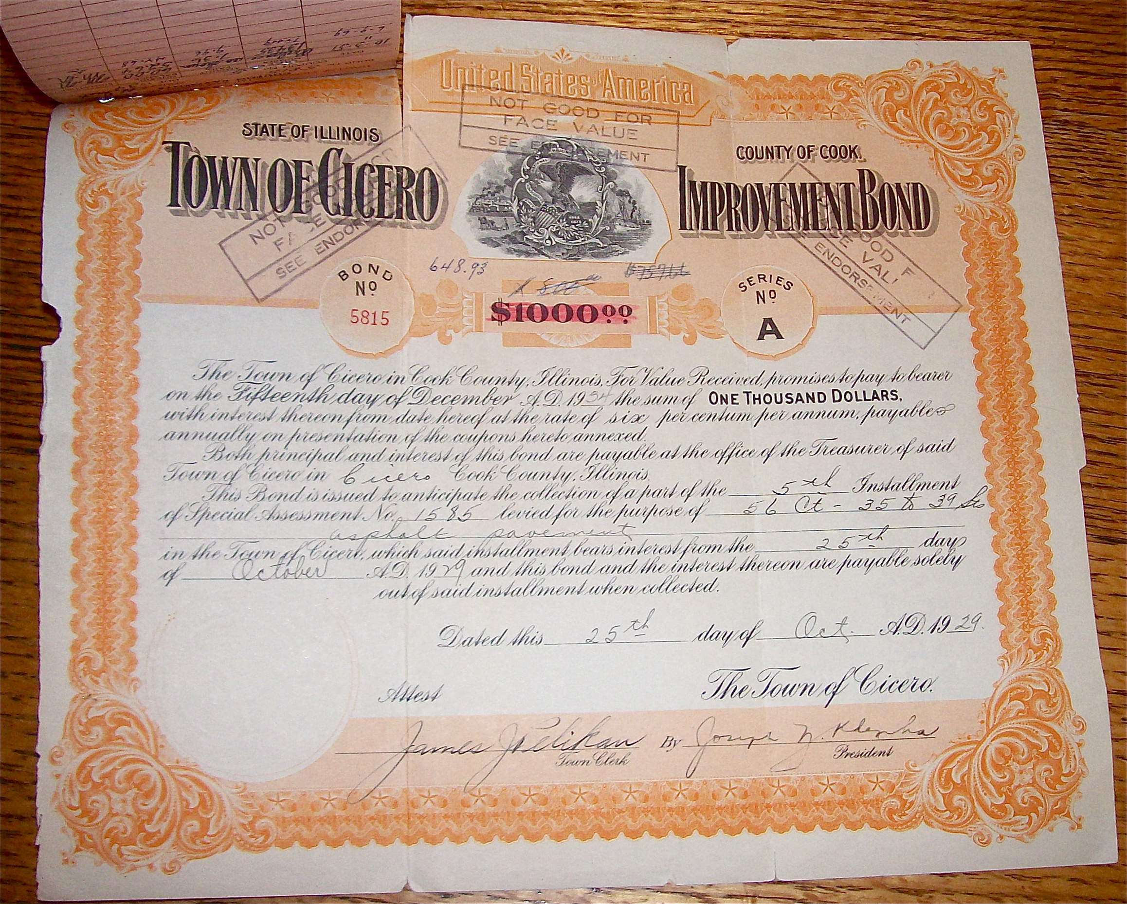 1929 Town Of Cicero $1000 Improvement Bond