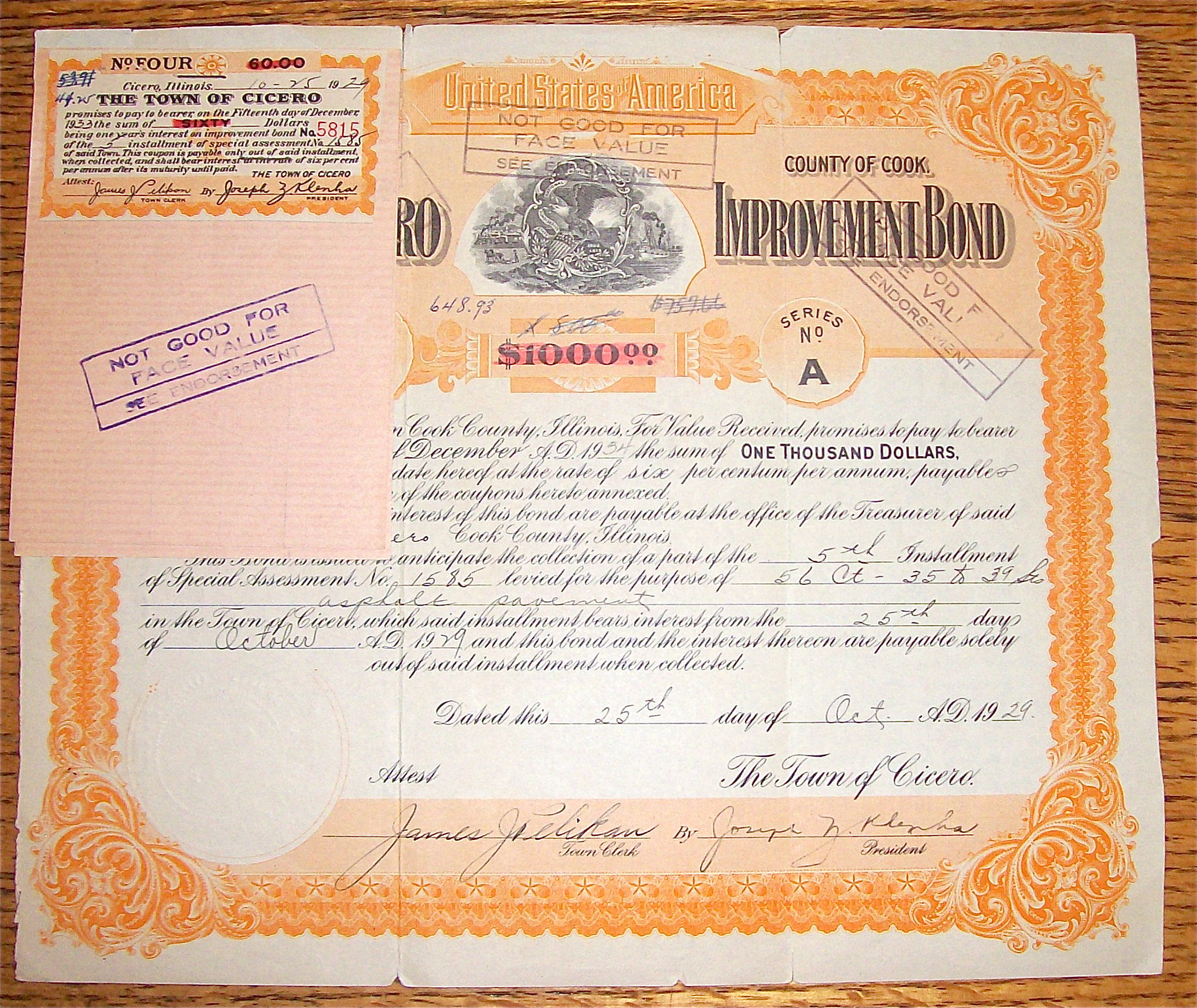 1929 Town Of Cicero $1000 Improvement Bond