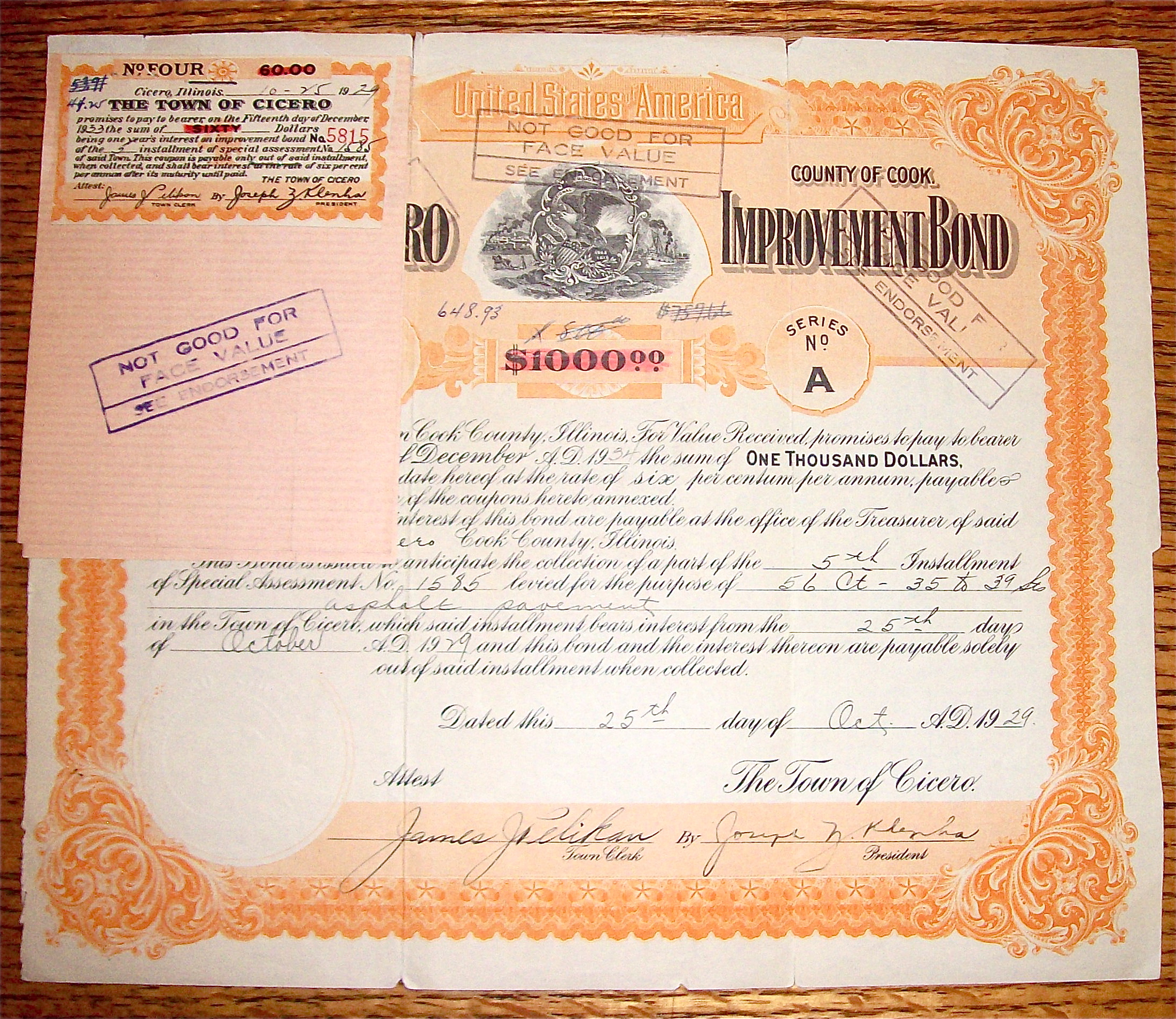 1929 Town Of Cicero $1000 Improvement Bond