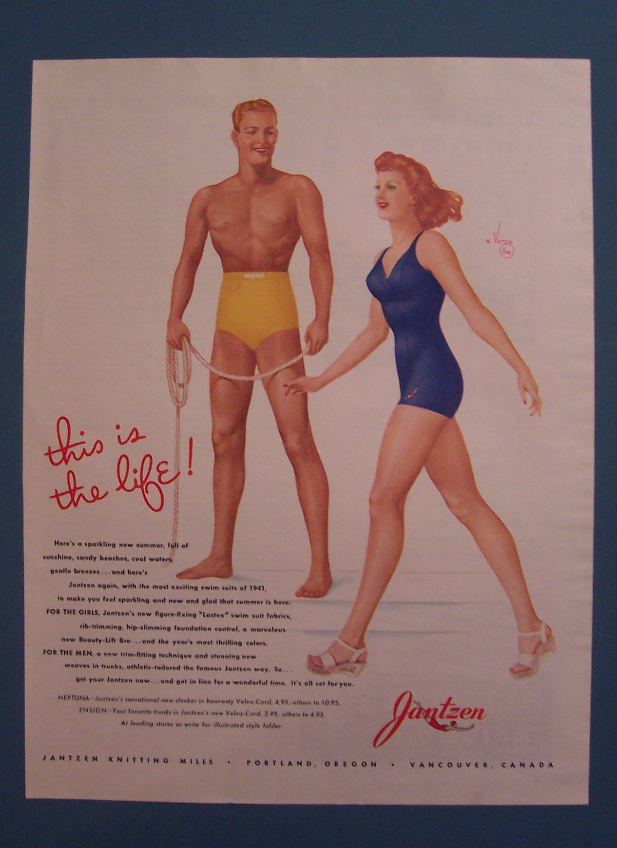 1941 Jantzen Swimwear with Man Watching Woman By Varga