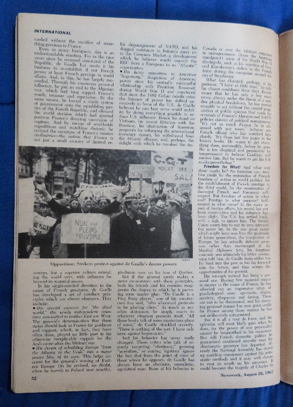 Newsweek Magazine August 28, 1967 France's Fading Hero Charles De Gaulle