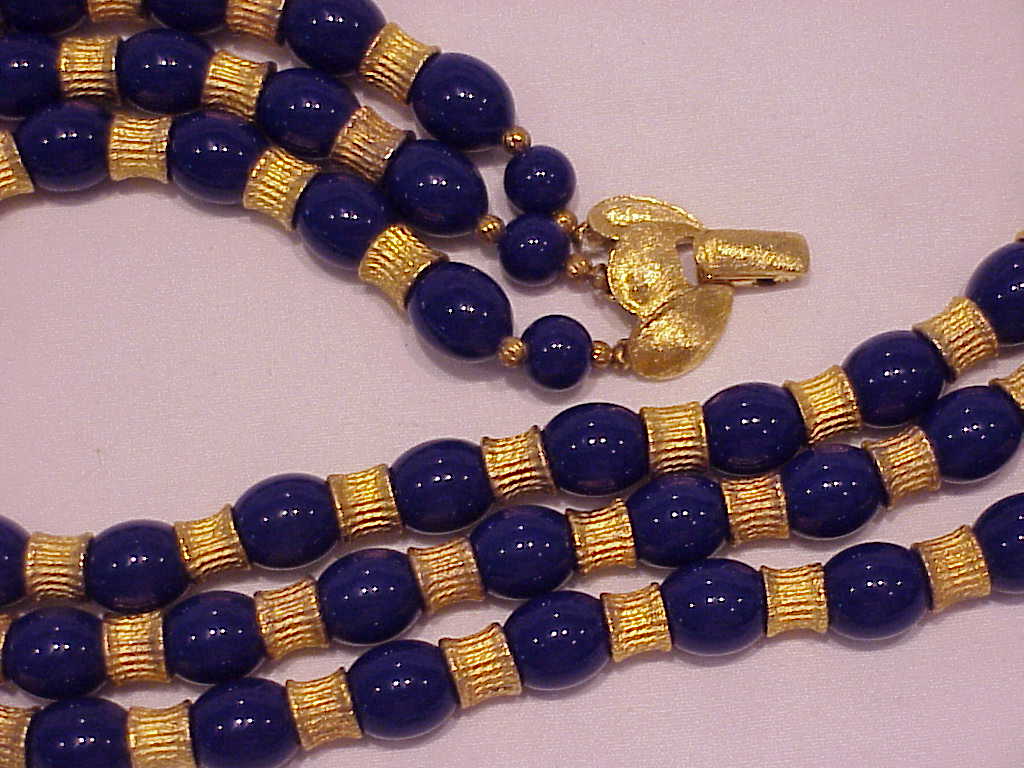 3 Strand Cobalt Blue Lucite And Gold Tone Bead Necklace