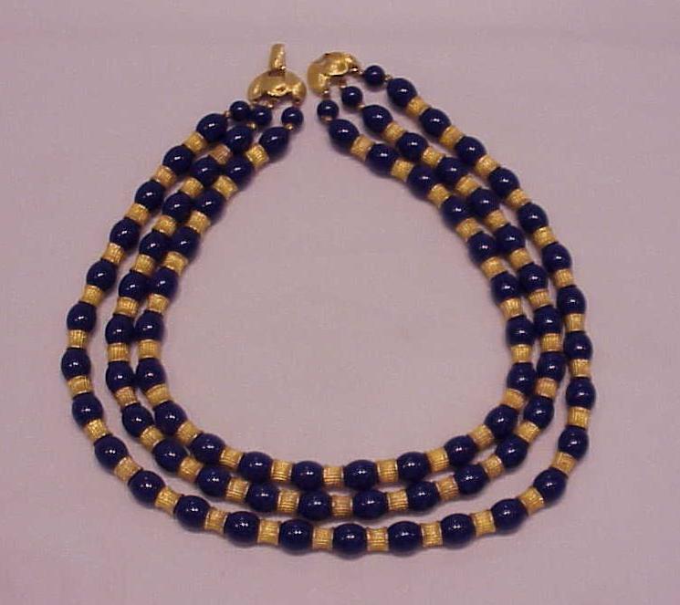 3 Strand Cobalt Blue Lucite And Gold Tone Bead Necklace