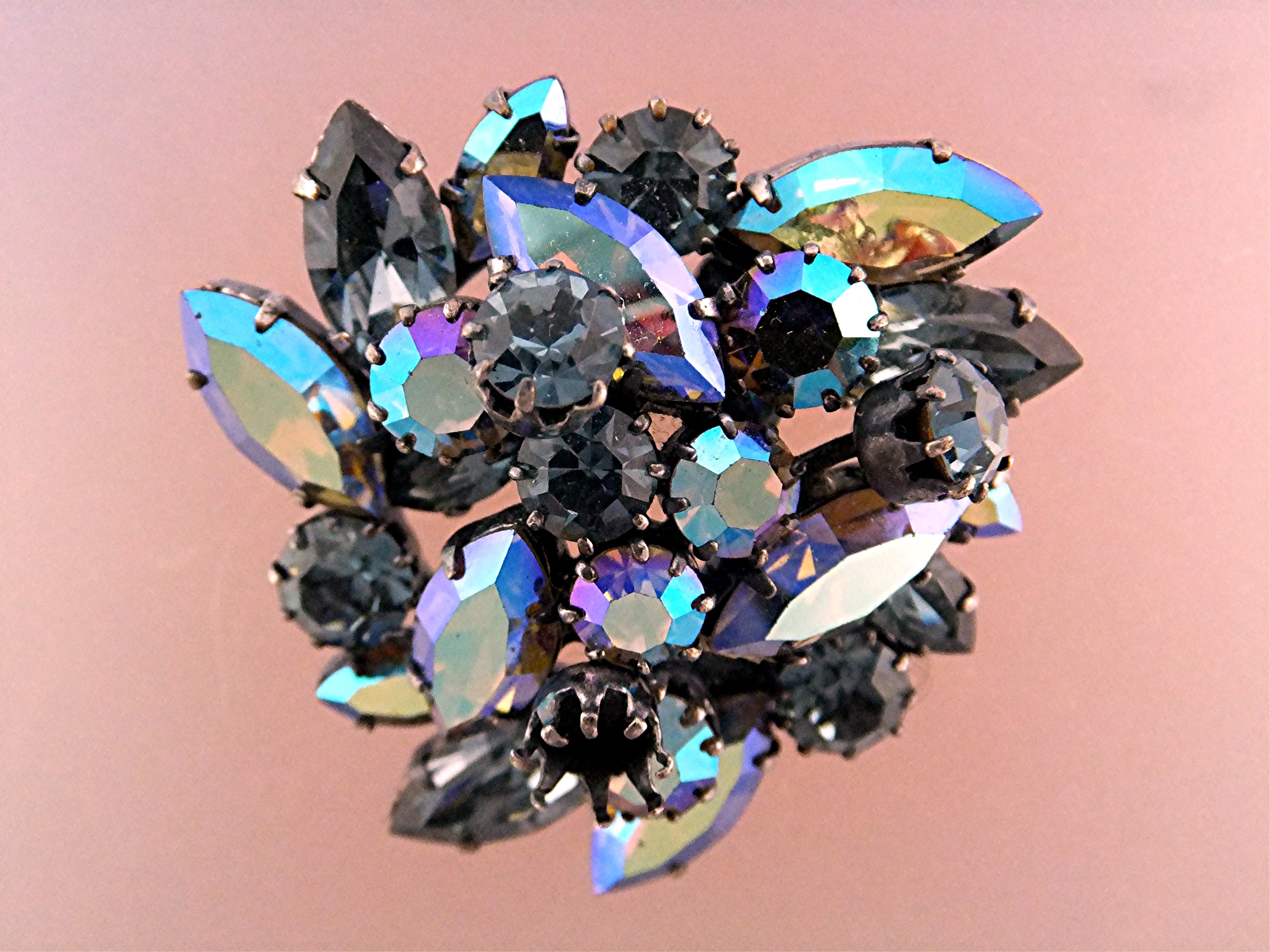 Brooch Signed Austrian Pink Green Borealis Crystals