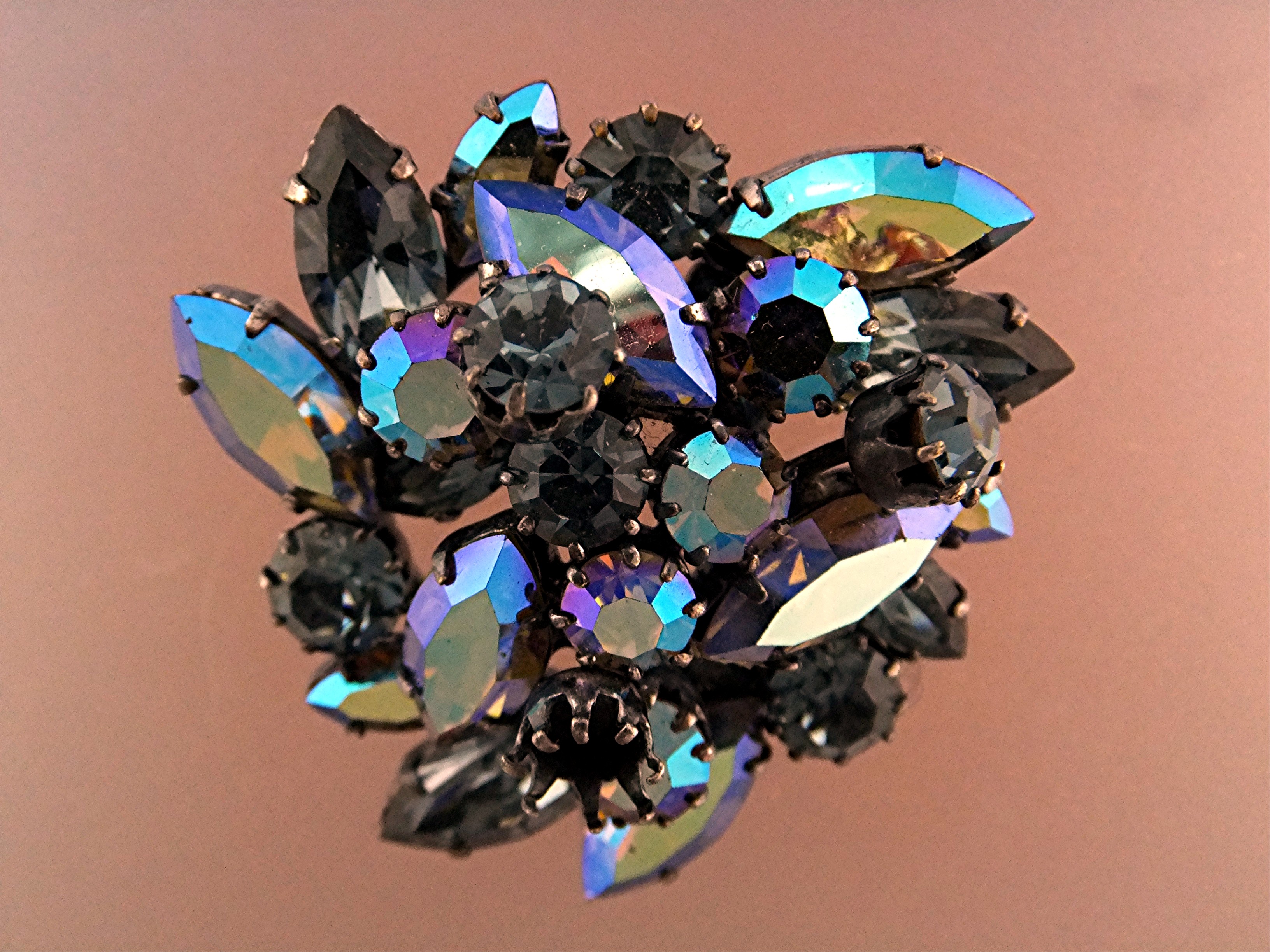 Brooch Signed Austrian Pink Green Borealis Crystals