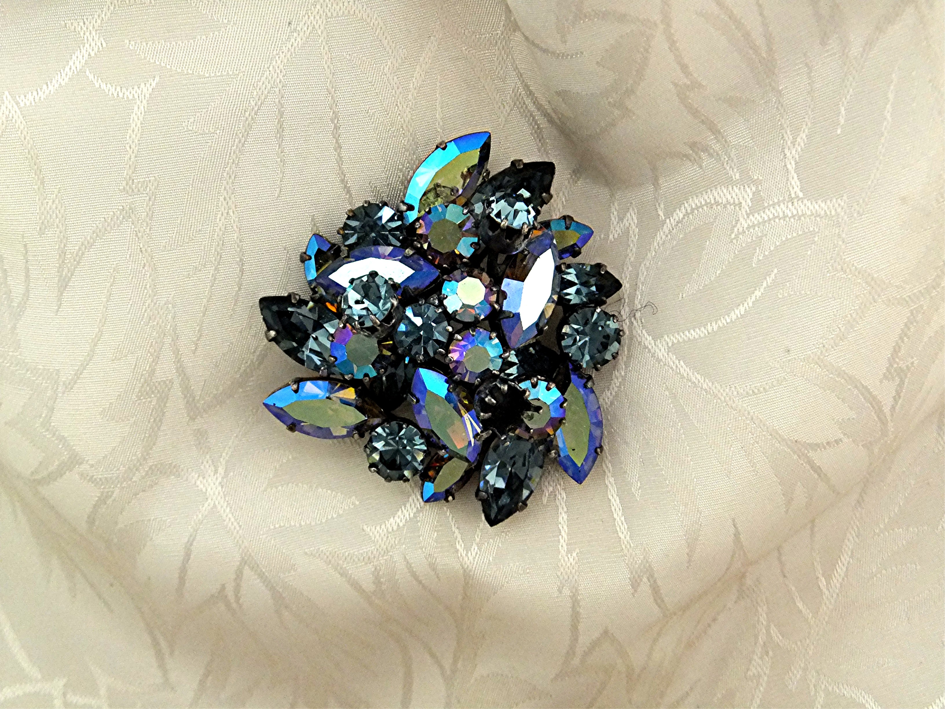 Brooch Signed Austrian Pink Green Borealis Crystals