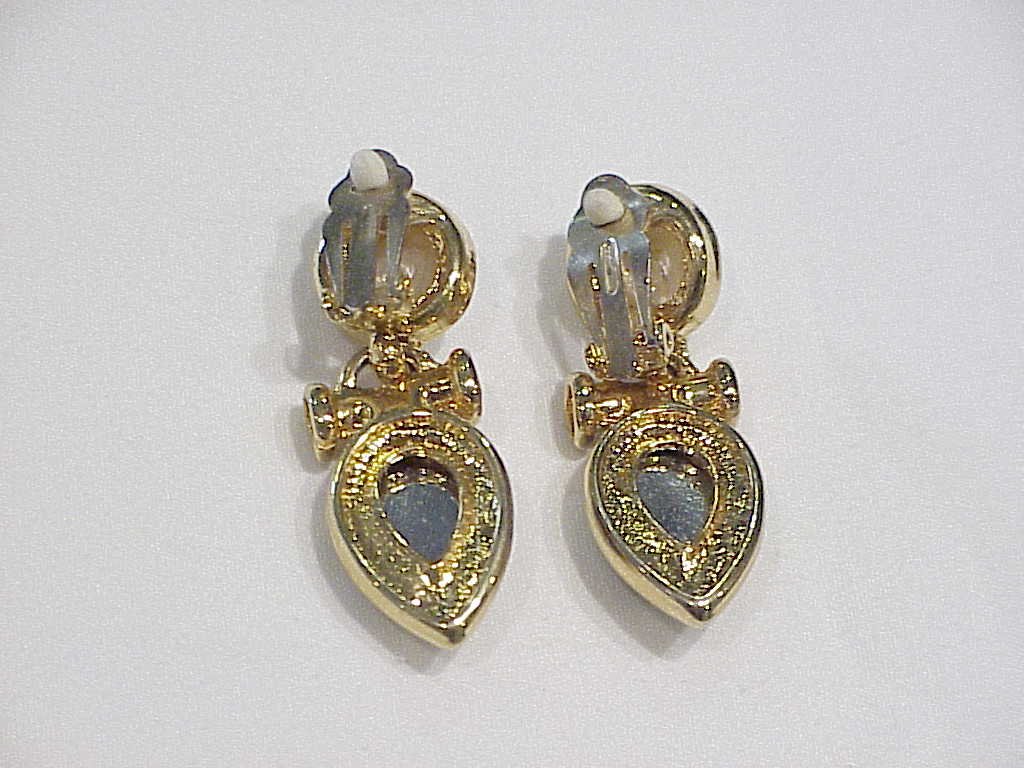 Dangling Blue Green Cabachon And Faux Pearl Clip Earrings