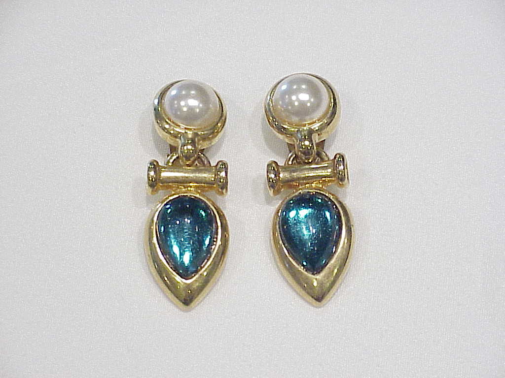 Dangling Blue Green Cabachon And Faux Pearl Clip Earrings