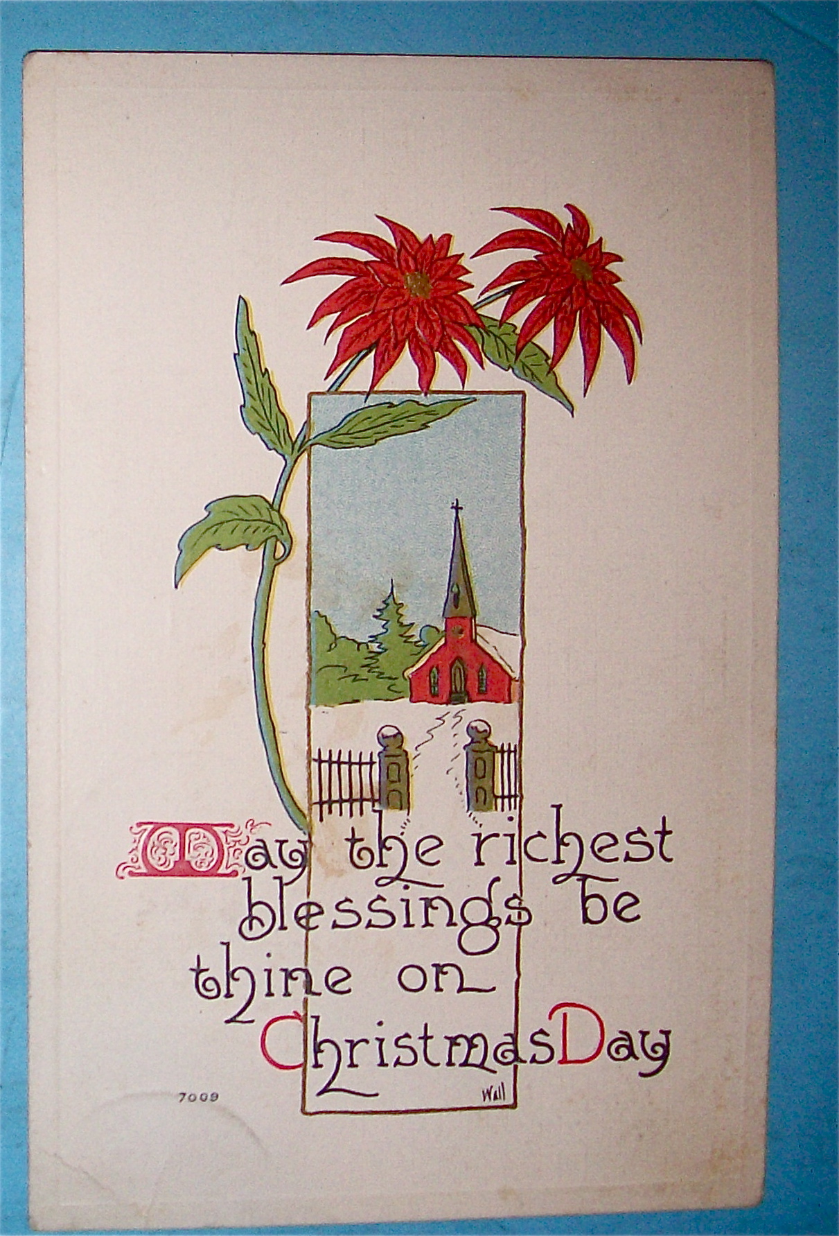Christmas Day Postcard with Church in Snowy Scene