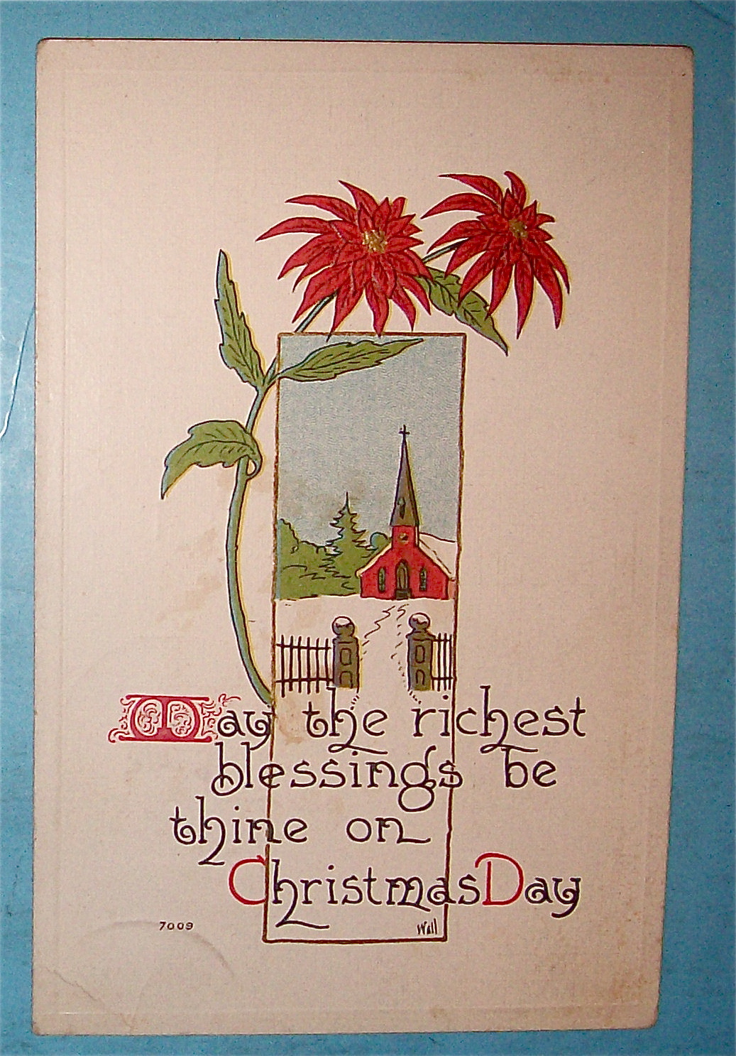 Christmas Day Postcard with Church in Snowy Scene