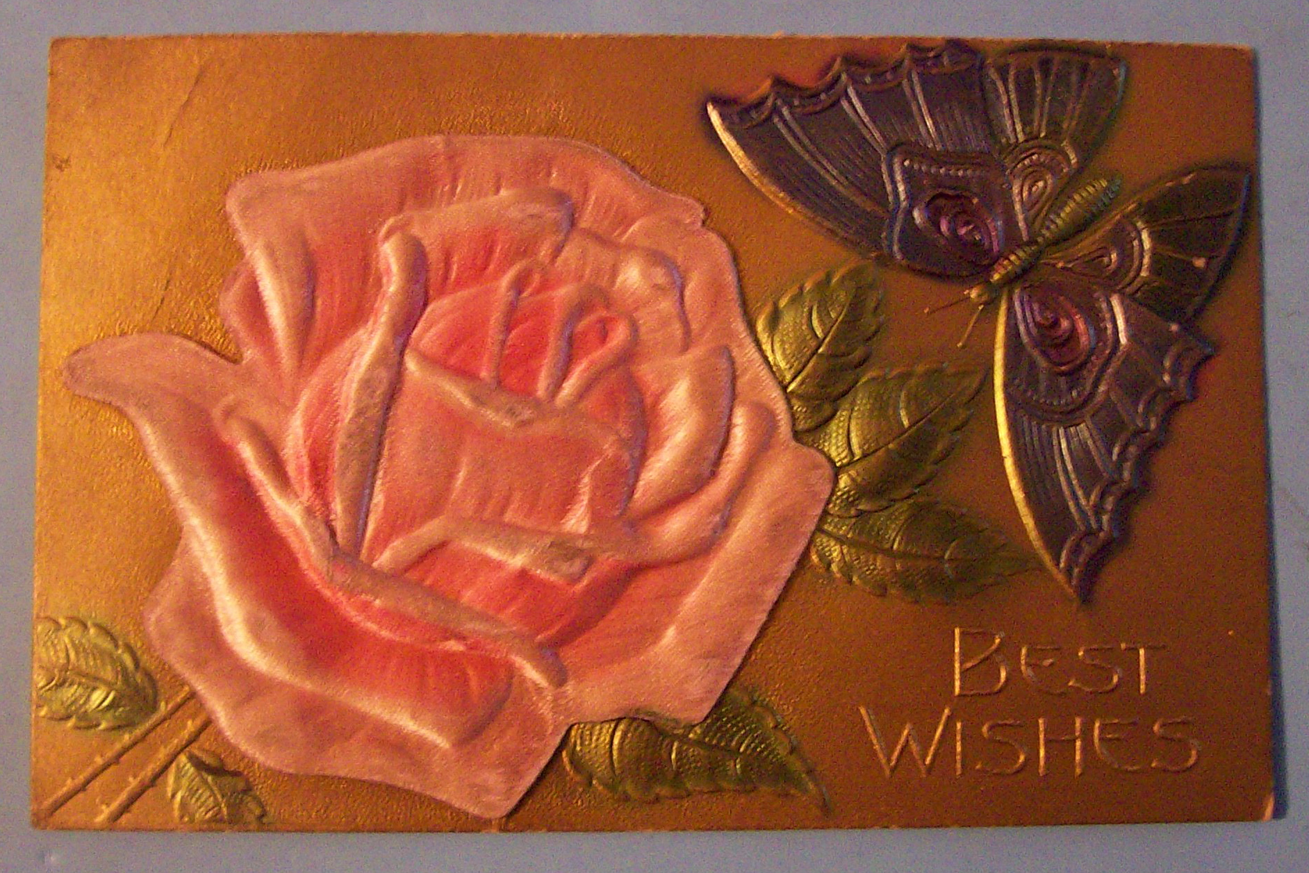 Best Wishes Postcard w/Pink Rose & Butterfly