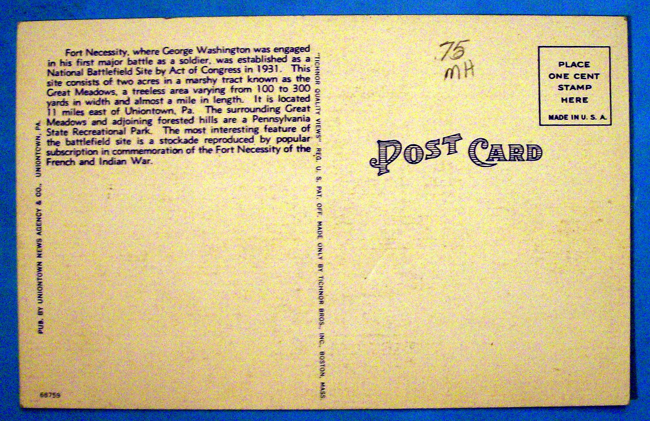Fort Necessity Postcard-Washington First Battle Site