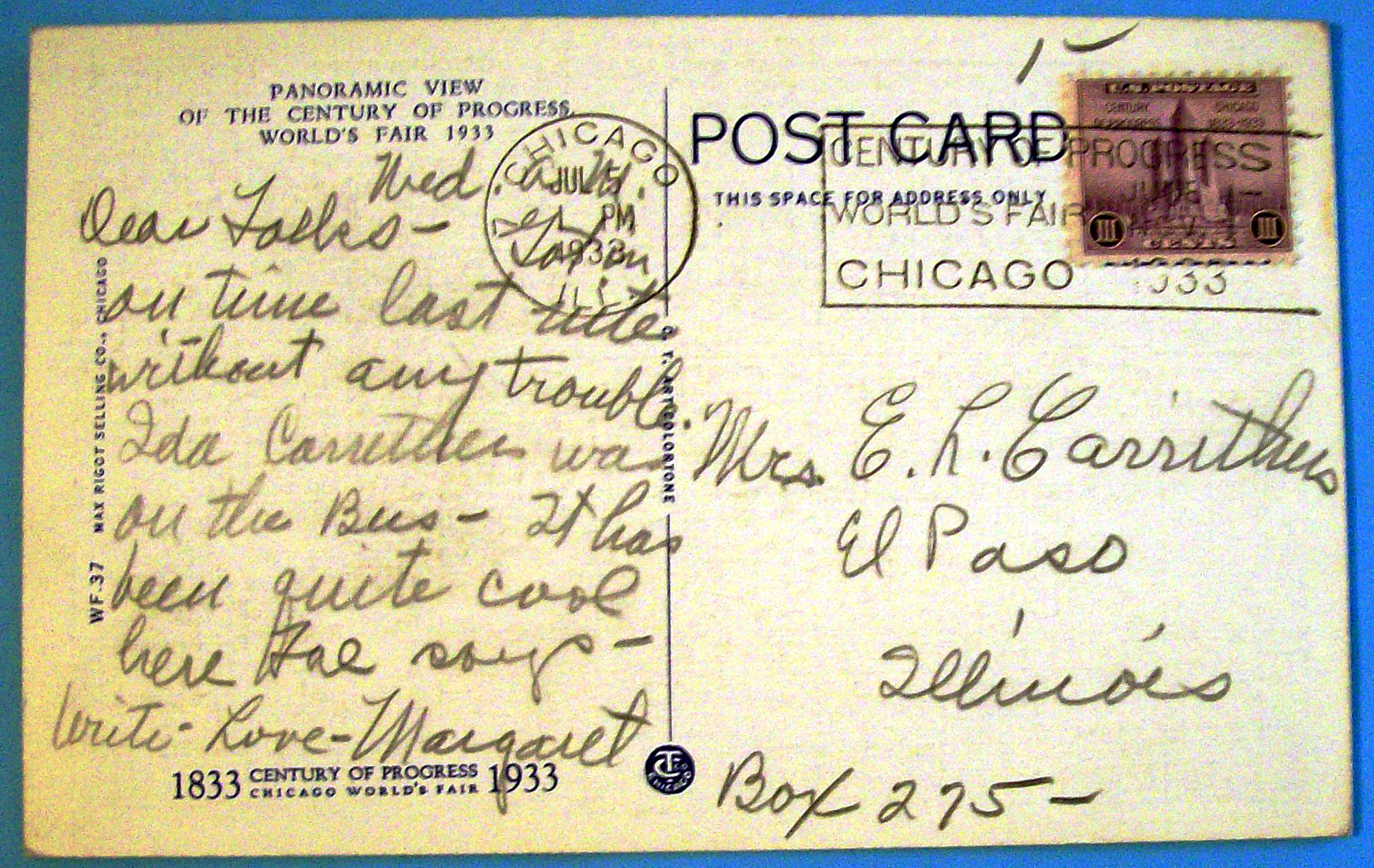 1933 Century of Progress, Century Of Progress Postcard
