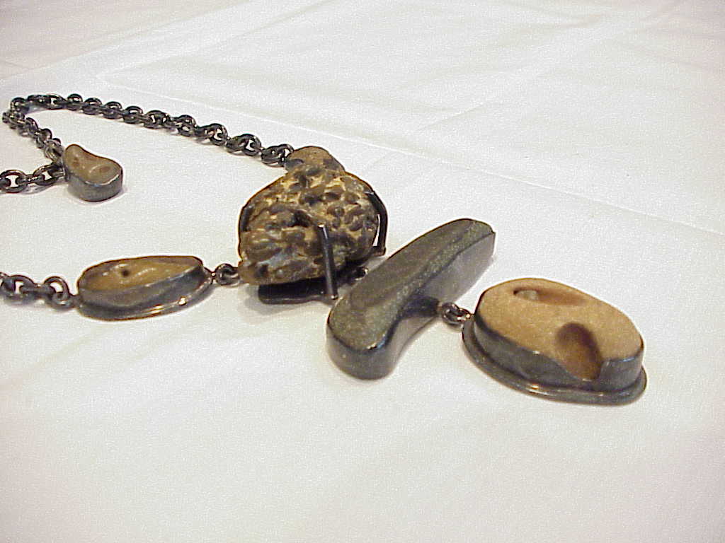 Unique Sterling Silver And Polished Rock Stone Necklace Signed 4got